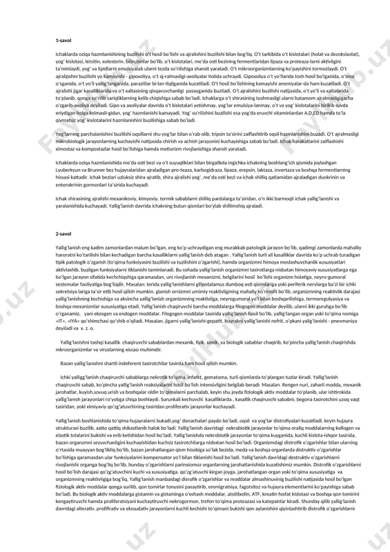 rchalanish mahsulotlari kiradi.istma chaqiruvchi sabablar 2 xil boladi ekzogen va endogen. pirogen moddalar tabiiatioga kora 2 ga 1.infeksion.2.noinfeksion istma bosqichlari 3 davrga bolinadi 1,tana haroratini kotarilish bosqichi.teriquruq yirik woxli hayvonlarda burun va chot soxasi xarorati kotarilgan.xarakat va mahsuldorlik pas.muskularnin titrab qsqarishi va organing xamma qsmida dsimilatsiya kuchayishi.pereferik tomirlartorayishi terida anemiya hosil boladiva badan uvishiga olib keladi. 2.haroratining yuqori darajada turishi.qon tomir kengayadi.nafas tezlashib teri ajralishi pastligicha qoladi.’teri quruq va issq’.bu davr 2-3 soatdan 2-3 haftagacha boradi. 3.tana haroratini pasayish bosqichi.pereferik qoon tomirlar kengayadi.iisqlik tawqi muhutga chqiwi tezlawadi.orgsnizimda issqlik hosil bolioiwi meyorga keladi.tana harorati pasayadi.tana haroratini asta sekin pasayisi lizis deyiladi.tanna haroratini tezlik bn pasayiwi krzis deyiladi. istmaning turlari.1.subferbil istma-tana harorati yuqori chegaradan 1gradus gacha kotariladiva surunkali kasaliklarda kuzatiladi.2febril istma-xayvon tana xarorati yuqori chegaradan 2gradusgacha kotariladiva otkir yuqumli kasaliklarda kuzatiladi.3.giperperetik istma-xayvon tana haroratini yuqori chegaradan 3 gradus va undan yuqori darajada kotariladi.m;sepsisda 4-5 gacha kotariladi. istmaning organizim ucun ahamyati.organizimda ximoya moslashuvchanlik …