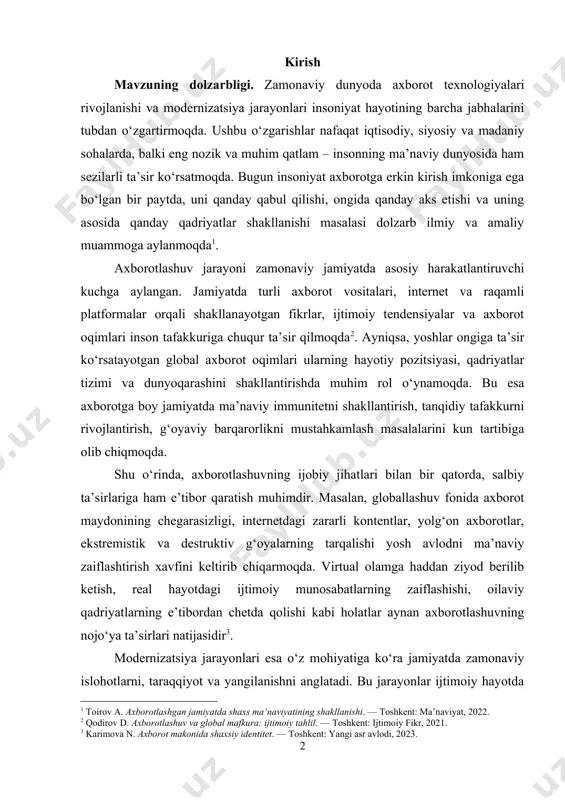 itetni shakllantirish, tanqidiy tafakkurni rivojlantirish, g‘oyaviy barqarorlikni mustahkamlash masalalarini kun tartibiga olib chiqmoqda. shu o‘rinda, axborotlashuvning ijobiy jihatlari bilan bir qatorda, salbiy ta’sirlariga ham e’tibor qaratish muhimdir. masalan, globallashuv fonida axborot maydonining chegarasizligi, internetdagi zararli kontentlar, yolg‘on axborotlar, ekstremistik va destruktiv g‘oyalarning tarqalishi yosh avlodni ma’naviy zaiflashtirish xavfini keltirib chiqarmoqda. virtual olamga haddan ziyod berilib ketish, real hayotdagi ijtimoiy munosabatlarning zaiflashishi, oilaviy qadriyatlarning e’tibordan chetda qolishi kabi holatlar aynan axborotlashuvning nojo‘ya ta’sirlari natijasidir . modernizatsiya jarayonlari esa o‘z mohiyatiga ko‘ra jamiyatda zamonaviy islohotlarni, taraqqiyot va yangilanishni anglatadi. bu jarayonlar ijtimoiy hayotda raqamli transformatsiya, yangi boshqaruv tizimlari, zamonaviy ta’lim texnologiyalari, fuqarolik jamiyatining kuchayishi kabi holatlar orqali namoyon bo‘lmoqda. biroq, ushbu modernizatsion o‘zgarishlar insonlar ongida qadriyatlar ziddiyatini yuzaga keltirmoqda: bir tomondan, milliy an’analarni saqlash zaruriyati, boshqa tomondan esa zamonaviy hayot talablariga moslashish ehtiyoji mavjud. ushbu qarama-qarshilik sharoitida sog‘lom ma’naviy asoslarni saqlab qolish va rivojlantirish dolzarb ijtimoiy-vazifalardan biriga aylanmoqda. shuningdek, ma’naviy sohada shakllanayotgan …
