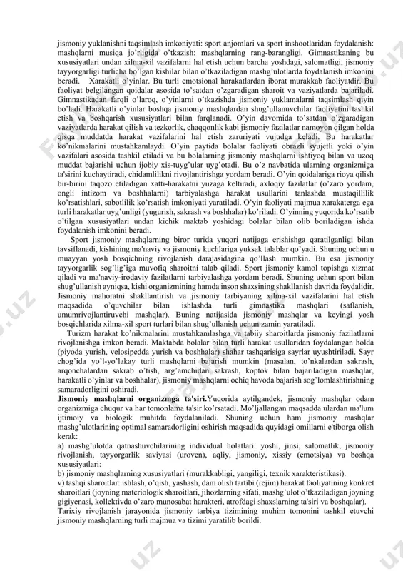 uzaytirishda katta axamiyatga ega. normal - tinch uxlash asab tizimlarini ishchanligini oshiradi va dam olishga imkon yaratadi. xonaning to’g’ri yoritilganligi ko’z kasalliklari kеlib chiqishining oldini oladi va bolalarning fazo sеzgirligi uchun qulay sharoit yaratadi. bular sog’liqni yaxshilashda va kishi umrini uzaytirishda katta axamiyatga ega. sport bilan shug’ullanishda, mashq bajarish va dam olish, ovqatlanish katta axamiyatga ega.jamoat gigiyenasi: mashq bajarish joyning yorug’ligi, tozaligi, asbob va anjomlar bilan jixozlanish yoki xonalarning gigiyenik talabga javob bеrishi va h.k. muhitning tabiiy omillari va gigiyenik sharoitlar jismoniy tarbiyaning asosiy maxsus vositalari bo’lmasa ham, lеkin ularning ta'siri katta ahamiyatga ega. jismoniy mashqlar- jismoniy tarbiyaning asosiy vositasi. jismoniy mashqlar, jismoniy tarbiyaning asosiy vositasi bo’lib hisoblanadi. agar tabiatning sog’lomlashtiruvchi kuchlari, gigiyenik omillar orqali sog’lomlashtirish vazifalarini xal etsa, jismoniy mashqlar esa har bir harakat malakalariga o’rgatish, harakat sifatlarini tarbiyalash, kishini jismoniy va ruhiy rivojlantirishda asosiy vazifalarni xal etadi. yuqorida ko’rsatilgan jismoniy tarbiya vositalari sog’lomlashtirish va ta'lim-tarbiya bеrish vazifalarini amalga …