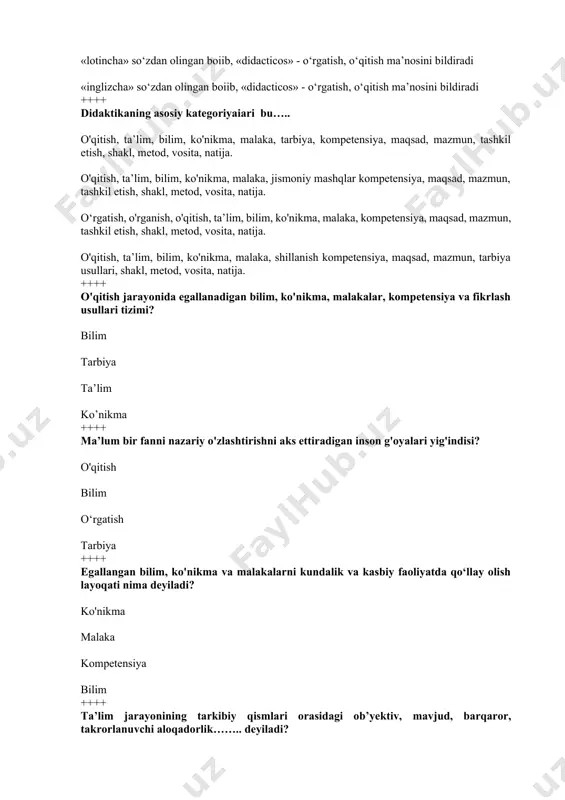 taqil uy ishlari, tashxislash, bashoratlash, loyihalashtirish va rejalashtirish. to'garak, konferentsiya, maslahat (konsultatsiya), fakultativ mashg‘ulot, o‘quv ekskursiyalari, o‘quvchilarni baholash; uy vazifasi.amaliy ish topshiriqlarini bajarish;o‘quvchilarni baholash; ++++ baholashning ball shaklida ko‘rsatilgan son jihatdan o‘lchami bu………. davriy tekshirish baholash baho tashxislash ++++ har tomonlama barkamol shaxsni shakllantirish bu……? ta’lim vositalari tarbiya mazmuni tarbiyaning maqsadi ta’lim shakillari ++++ tarbiyalanuvchilarning xatti-harakati va faoliyatiga salbiy ta’sir kjo’rsatish bilan bog’liq usul bu-...? maqtash baholash hurmat qilish jazolash ++++ surdopedagogika, tiflopedagogika, oligofrenopedagogika, logopediya sohalari pedagogikaning qaysi sohasiga mansub? oila pedagogika umumiy pedagogika korreksion pedagogika umumiy psixologiya ++++ belgilangan (normal) va (mavjud kamchilik) faoliyat o‘rtasidagi nomuvofiqlikni yo‘qotish yoki kamaytirishdan iborat bo’lgan jarayon? oila pedagogikasining maqsadi umumiy pedagogikaning maqsadi ijtimoiy pedagogikaning maqsadi korreksion pedagogikaning maqsadi ++++ yunoncha «rehabilitas» - layoqati, qobiliyatini tiklash)ma’nosini anglatadi? kompensatsiya ijtimoiy reabilitatsiya ijtimoiy adaptatsiya korreksiya ++++ (yunoncha tuzatish) bolaning ruhiy yoki jismoniy rivojlanishidagi nuqsonlarni tuzatish, yo‘qotish va pasaytirishni nazarda tutadi kompensatsiya ijtimoiy reablitatsiya korreksiya ijtimoiy adaptatsiya …