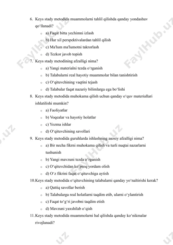 tahlil qilish 7. b) talabalarni real hayotiy muammolar bilan tanishtirish 8. b) voqealar va hayotiy holatlar 9. a) bir necha fikrni muhokama qilish va turli nuqtai nazarlarni tushunish 10. b) talabalarga real holatlarni taqdim etib, ularni o‘ylantirish 11. b) fikrni tizimli tarzda ifodalash 12. b) kichik guruhlar 13. b) kreativ fikrlash va tanqidiy tahlil qilish 14. b) muammolarni tahlil qilish va yechim topish 15. b) ular amaliy ko‘nikmalarni rivojlantiradilar bu testlar orqali o‘qituvchilar keys stady metodining asosiy prinsiplari, maqsadlari va afzalliklari haqida talabalar bilan samarali ishlashlari mumkin. foydalanilgan adabiyotlar 1. joyce, b., weil, m., & calhoun, e. (2014). models of teaching. 9th edition. pearson education. ushbu kitobda o‘quv jarayonida turli metodlar, jumladan, keys stadi metodi haqida keng ma’lumot berilgan. 2.barkley, e. f., cross, k. p., & major, c. h. (2021). collaborative learning techniques: a handbook for college faculty. 2nd edition. jossey-bass. keys stadi metodini guruhli ishlarda qo‘llash bo‘yicha tavsiyalar mavjud. …