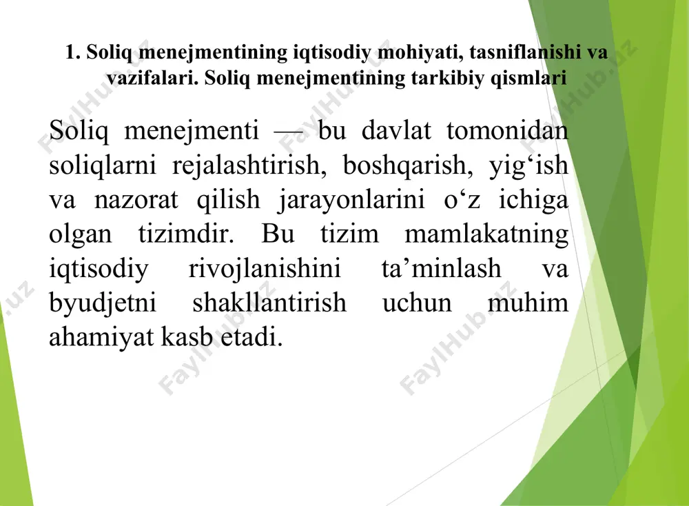 ng tashkiliy yo`nalishlari va unda soliq imtiyozlaridan samarali foydalanish soliq menejmentining tashkiliy yo`nalishlari 1. soliq strategiyasini ishlab chiqish korxonaning umumiy moliyaviy strategiyasiga mos keluvchi soliq strategiyasini belgilash. soliq majburiyatlarini optimallashtirish usullarini aniqlash. soliq rejalashtirish korxonaning daromad va xarajatlarini soliqqa tortish nuqtai nazaridan rejalashtirish. amaldagi soliq stavkalari, imtiyozlar va chegirmalardan foydalanish orqali soliqlarni kamaytirish. soliq hisobi va tahlili soliq yukini kamaytirish uchun turli soliqlarni (qqs, foyda solig‘i, mulk solig‘i va boshqalar) tahlil qilish. xarajatlar va tushumlarni to‘g‘ri hujjatlashtirish orqali soliqlarning optimallashtirilishini ta’minlash. soliq nazorati va hisobdorlik korxona ichida soliq bo‘limi yoki mas’ul xodim tomonidan soliqlarning o‘z vaqtida va to‘g‘ri to‘lanishini ta’minlash. soliq organlari bilan hamkorlik qilish va tekshiruvlarga tayyorgarlik ko‘rish. soliq xavflarini boshqarish soliq qonunchiligidagi o‘zgarishlarni kuzatish va korxona faoliyatiga ta’sirini baholash. noqonuniy soliq optimallashtirish usullaridan qochish va soliq tekshiruvlarining oldini olish. soliq imtiyozlari – bu davlat tomonidan korxonalarga taqdim etiladigan soliqlarni kamaytirish yoki undan ozod qilish shaklidagi rag‘batlantiruvchi choralar hisoblanadi. …