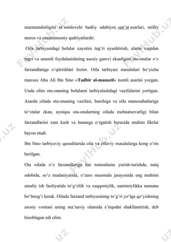 iy yo‘lini bosib o‘tadigan eng muhim soxadir. bunday oilada ota-onalar bilan bolalar o‘rtasida ma’lum ma’noda izzat hurmat va dildan ishonch kabi chegara bo‘ladi. oilada bolalarning o‘zga bir oilada yotib qolishiga hech bir holda sira yo‘l qo‘ymasligi kerak, bola yotib qoladigan joy aniq tanish va ishonchli bo‘lgan taqdirdagina istisno bo‘lishi mumkin. oilada farzand yaxshi tarbiyalansa, ota-onaning baxti, yomon farzand esa ota-onaga kulfat keltiradi. oila va jamoatchilik hamkorligi yosh avlodni muvaffakiyatli tarbiyalashning asosiy shartlaridan biridir, ota-ona e’tiboriga oladigan alohida ahamiyat berish kerak bo‘lgan narsa bolani yoshligidan boshlab biror-bir ishga o‘rgatish, unga o‘ziga xos yumush berib, ishga odatlantirishdir. vaholanki bola ham ish o‘rganadi, ham jamiyatda, oilada o‘z o‘rnini topishga harakat qiladi. bolada mehnatga munosabat, ota-onasiga munosabati, oila a’zolariga nisbatan fikri, dunyoqarashi o‘zgaradi. oila boshlig‘i ota – ona bola tarbiyasi haqida yetarlicha amaliy va nazariy bilimlarga ega bulishi kerak. agar ularda yetarlicha bilim ko‘nikma va malaka bo‘lmasa u oila a’zosiga ya’ni farzandlariga yaxshi tarbiya …