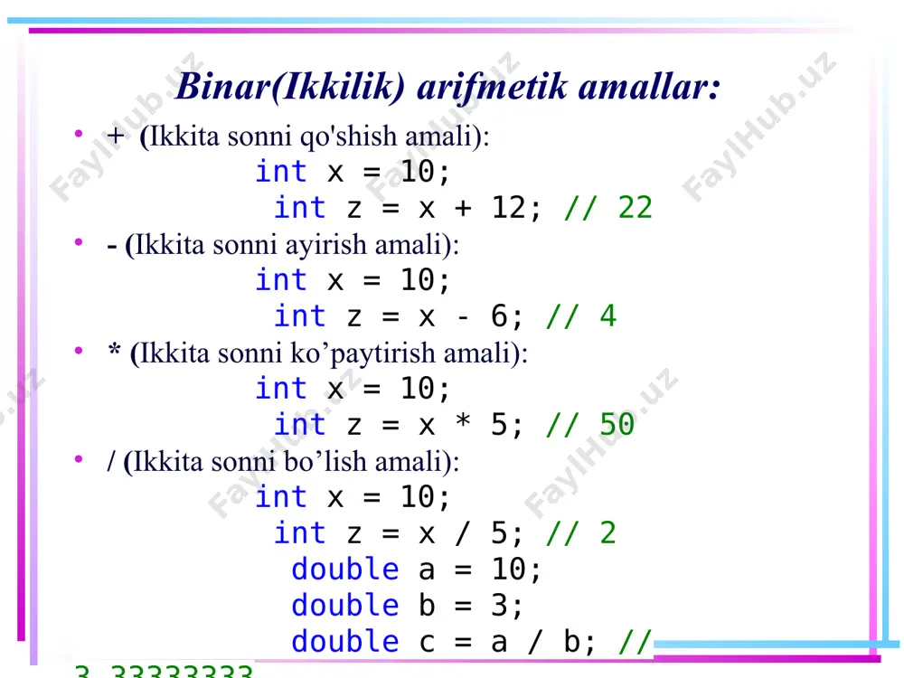 torlardir, ya'ni amallar chapdan o'ngga qarab ketma-ket bajariladi. shuning uchun 10/5 * 2 ifodasini (10/5) * 2 deb talqin qilish kerak, ya'ni natija 4 ga teng bo'ladi. 10 razryadli (bitli) amallar razryadli amallar amallarning maxsus sinfini ifodalaydi. ular sonning alohida razryadlarida bajariladi. bunda sonlar ikkilik ko‘rinishda qaraladi, masalan, 2 soni ikkilikda 10 ga teng va ikkita razryadga ega, 7 soni ikkilikda 111 va uchta razryadga ega. mantiqiy amallar &(mantiqiy ko'paytirish) ko'paytirish razryadli (bitli) bajariladi va agar ikkala operandning bit qiymatlari 1 ga teng bo'lsa, u holda amal 1 qaytaradi, aks holda 0 soni qaytariladi. masalan: int x1 = 2; //010 int y1 = 5;//101 console.writeline(x1 & y1); // natija 0 11 razryadli (bitli) amallar int x2 = 4; //100 int y2 = 5; //101 console.writeline(x2 & y2); // natija 4 birinchi holda, bizda 2 va 5 sonlari bor. 2 ikkilikda 010 va 5 - 101 sonlarini ifodalaydi. sonlarni (0*1, 1*0, …