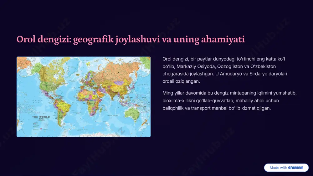 ng yo'qolishi dengizning qurishi natijasida uning tubida qolgan tuz va zaharli kimyoviy moddalar shamol bilan tarqalib, "tuz bo'ronlari"ni keltirib chiqardi. bu bo'ronlar havoni ifloslantirib, ekin maydonlariga zarar yetkazdi va mahalliy aholining sog'lig'iga salbiy ta'sir ko'rsatdi. orol dengizi havzasida yashovchi ko'plab baliq va qush turlari yo'qolib ketdi, mintaqaning noyob bioxilma-xilligi buzildi. https://gamma.app/?utm_source=made-with-gamma ijtimoiy-iqtisodiy ta'sirlar: baliqchilik va mahalliy aholi orol dengizi qurishi sababli, baliqchilik sanoati butunlay barbod bo'ldi. minglab odamlar ish joylaridan ayrilib, tirikchilik manbalarini yo'qotdi. bir paytlar jonli baliqchilik portlari bo'lgan shahar va qishloqlar endi cho'lga aylangan joylarga aylandi. bu esa aholining boshqa hududlarga ko'chib ketishiga, qashshoqlikning kuchayishiga va ijtimoiy beqarorlikka olib keldi. https://gamma.app/?utm_source=made-with-gamma sog'liqqa ta'siri: kasalliklar va umr ko'rish davomiyligi 1 nafas olish yo'llari kasalliklari tuz va zaharli moddalar bilan boyitilgan havo sababli mintaqa aholisi orasida nafas olish yo'llari kasalliklari, ayniqsa astma va bronxit keng tarqalgan. 2 saraton va buyrak kasalliklari ichimlik suvining sifati yomonlashgani va havodagi ifloslantiruvchi moddalar tufayli …