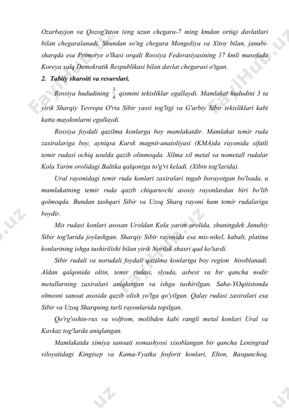 ati xomashyosi xisoblangan bir qancha leningrad viloyatidagi kingisep va kama-vyatka fosforit konlari, elton, basqunchoq, qulunda kulidagi osh tuzi, yuqori kamaning solikamsk, berezniki kali tuzi konlari aniqlanib ishga tushirilgan. g'arbiy sibirning janubida toshko'mirning katta zahiralari aniqlangan. kuznesk olatovi tog'ida katta zahiraga ega bo'lgan kuznesk toshko'mir hovzasi joylashgan. aynan ushbu hovza rossiyada kuchli o'zlashtirilgan. rossiyaning janubi-g'arbiy qismida donesk ko'mir hovzasi joylashgan. (hovzaning katta qismi ukraina hududida joylashgan). mamlakatning shimoliy-sharqiy yevropa qismida pechara toshko'mir hovzasi (vorkuta, inta) joylashgan. rossiyaning o'rta sibir yassi tog'idagi tingusska hovzasi shuningdek saxa yoqutistonning lena hovzasida toshko'mirning katta zahiralari topilgan, biroq kon joylashgan hududlarning tabiiy sharoitining qattiqligi tuo'ayli ushbu konlardan amalda foydalanilmayotir. rossiya yirik qo'ng'ir ko'mir konlari topilgan. jumladan krasnayarsk o'lkasidagi kansk-achinsk hovzasi, moskva yoni qo'ng'ir ko'mir koni va sibirdagi istiqbolli konlar shular jumlasidandir. rossiyada neft xix asrning oxirida shimoliy kavkazdan qazib olina boshlandi. 1940 yillarga kelib volga bo'yi va ural oldi rayonlarida neft va gaz konlarini o'zlashtirishi boshlandi, …