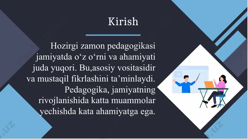 iyatning muqaddas qadriyatini ta’minlashda muhim ahamiyatga ega. u, o’quvchilarni milliy manaviyatga ega qilib , ularni milliy adabiyot ,tarixiy yozma va milliy san’at asarlariga qiziqishni oshiradi. pedagogika, milliy ma’naviyatning rivojlanishda katta o’rin egallaydi. pedagogika va jamiyatning rivojlanishi pedagogika va jamiyatning rivojlanishi va samarali rivojlanishda katta o’rin egallaydi. u, insonlarni odob-ahloq, insofli, ma’naviyatli qilib rivojlantirishda muhim ahamiyatga ega. pedagogika, jamiyatning kelajagi uchun juda muhimdir va uning rivojlanishda katta ahamiyatga ega pedagogika va mustaqil fikrlash pedagogika, insonlarning mustaqil fikrlashini ta’minlashda juda katta o‘rin egallaydi. u o‘quvchilarni fikir-mulohazalarini aniqlash ,tahlil qilish va maslahatlashishda mustaqil qilib rivojlantirishda muhim ahamiyatga ega. pedagogika, insonlarni mustaqil, samarali adolatli fikirlashiga yondashadi. pedagogika va jamiyatning kelajagi pedagogika, jamiyatning kelajagi uchun katta muhim ahamiyatga ega.u, insonlarni ijtimoiy manaviy va intellektual, rivojlantirishda muhim rol o‘ynaydi. pedagogika, jamiyatning kelajagi uchun juda muhimdir va uning rivojlanishida katta ahamiyatga ega hamkorlik va jamoatga xizmat pedagoglar hozirgi zamon pedagogikasi yondashuvlarini qo'llab-quvvatlash, o'quvchilar, va ota-onalar o'rtasida hamkorlikni …
