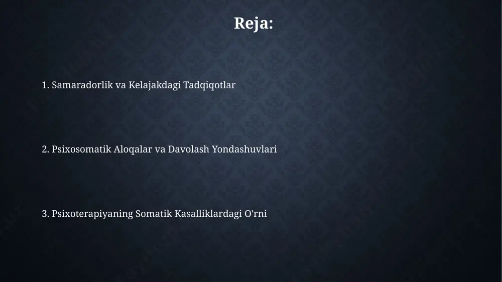 a xavotirga uchragan bemorlarda, oshqozon-ichak tizimi kasalliklarining kuchayishi kuzatiladi. psixoterapiya bu holatlarda 70% gacha alomatlar yaxshilanishiga olib kelishi mumkin. surunkali og'riq sindromlari, fibromialgiya kabi, psixoterapiyaning kognitiv-xulq terapiya usullari bilan 60% bemorlarda og'riq darajasini sezilarli darajada pasaytirishga yordam beradi. kelajakdagi tadqiqot yo'nalishlari bemorlarning 50% dan ortigʻida kuzatiladigan psixosomatik kasalliklarning aniq mexanizmlarini oʻrganish va ularga samarali psixoterapevtik yondashuvlarni ishlab chiqish boʻyicha keng koʻlamli tadqiqotlar zarur. turli psixoterapevtik usullar, masalan, kognitiv-xulq terapiyasi (kxt) va mindfulness-ga asoslangan terapiyaning (mbt) samaradorligini solishtirish va optimal davolash protokollarini yaratishga qaratilgan randomizatsiyalangan nazoratli tadqiqotlar oʻtkazish kerak. kognitiv-xulq terapiyasi va somatik kasalliklar kxt, 8 hafta davom etadigan sessiyalar orqali, somatoform buzilishlari bilan og'rigan bemorlarda psixosomatik alomatlarning chastotasini sezilarli darajada pasaytirishi mumkin. tadqiqotlar shuni ko'rsatadiki, kxt yordamida yurak-qon tomir kasalliklariga chalingan bemorlarda stress darajasi 30% ga kamayib, qon bosimini nazorat qilish yaxshilanadi. gipoteza va realiti: somatik shikoyatlarning kelib chiqishi tadqiqotlar shuni ko'rsatadiki, xronik og'riq sindromlari bilan og'rigan bemorlarning 50% dan …