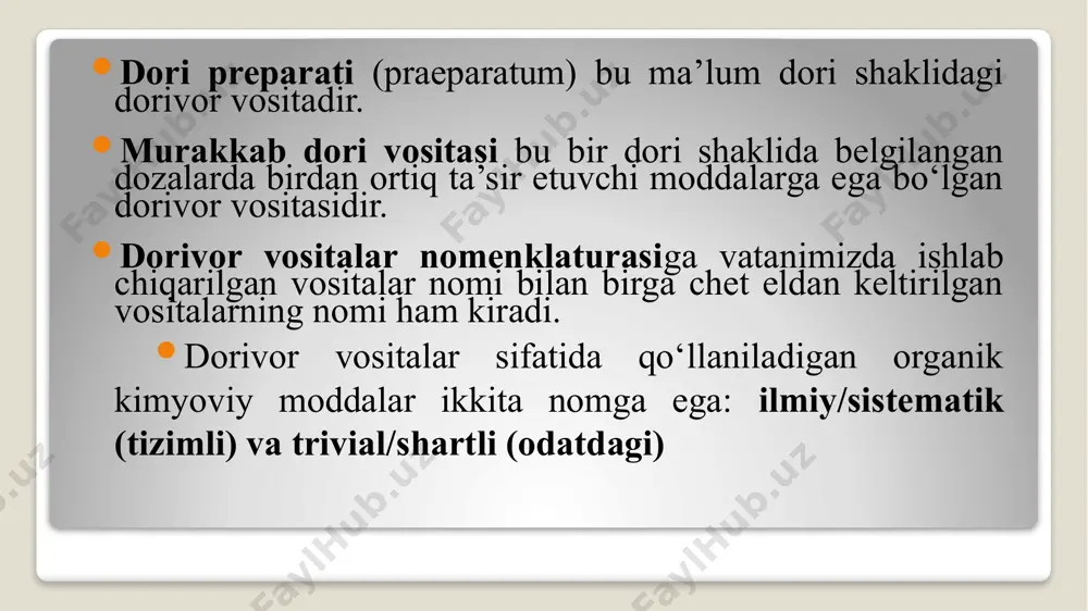 i usulda abbreviaturaga suffiks qo‘shiladi: neriolonum / /nerium oleander -sambitgul/. dorivor vositalarning nomlanishida abbreviatura keng qo‘llaniladi. dori nomlari hamisha bosh harf bilan yoziladi, lug‘at shakli anatomik terminlar kabi bo‘ladi. misol uchun: novocainum, i, n –novokain; aspyrinum, i, n –aspirin; biceptolum, i, n –bitseptol; allacholum, i, n –allaxol. dori shakllari haqida qisqacha ma’lumot dori moddalarini chiqarish va yozish dori shakllarining mumkin qadar o‘qishga qulayligidir. dori shakllarining qattiq, suyuq, yumshoq, gazsimon bo‘lishi uning tayyorlanishiga bog‘liq. masalan: tabuletta, ae f -tabletka (tugmachasimon dori shakli) pilula, ae f -pilyula, hab dori (soqqachasimon qat-qat dori shakli) pasta, ae f -pasta (xamirsimon yumshoq dori shakli) unguentum, i n –surtma, maz (yumshoq dori shakli). tabuletta obducta – po’st bilan qoplangan tabletka ichish, sirtdan ishlatish yoki in’yeksiya qilish (tegishli erituvchida eritilgandan so‘ng) uchun mo‘ljallangan, dorivor moddalarni presslab olingan, dozalangan qattiq dori turi dori nomlari yasalishida ko‘p qo‘llanuvchi ma’noli so‘z yasovchi qismlar va ularning ma’nolari ma’no beruvchi qism ta’rif …