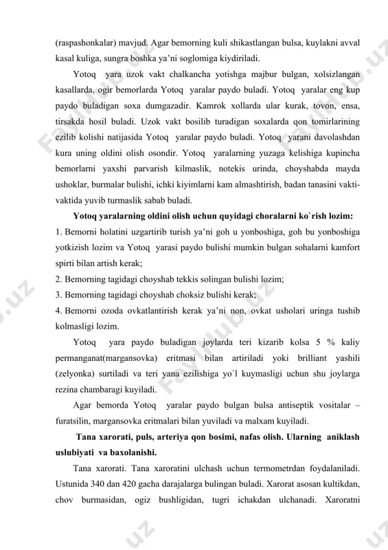 bosimi, nafas olish. ularning aniklash uslubiyati va baxolanishi. tana xarorati. tana xaroratini ulchash uchun termometrdan foydalaniladi. ustunida 340 dan 420 gacha darajalarga bulingan buladi. xarorat asosan kultikdan, chov burmasidan, ogiz bushligidan, tugri ichakdan ulchanadi. xaroratni ulchashdan oldin kultik soxasi kuruk kilib artiladi, chunki nam bulsa kursatkichlar past chikadi. kasalxonada xarorat xamma bemorlarda ertalab va kechkurun ulchanadi. olingan ma’lumotlar kasallik tarixidagi harorat varag‘iga yozib boriladi. tana xarorati normada urtacha miqdorda 36,6 – 36,80 s buladi. yalliglanish jarayoni yoki yukumli kasallik sababli, ya’ni organizmga infeksiya tushganda tana xarorati kutariladi. mikroblar issiklik boshkaradigan nerv markazlariga ta’sir kursatib, ularning kuzgalishiga sabab bulsa, ikkinchi tomondan leykotsitlarni ta’sirlantiradi. virus infeksiyasiga javoban organizmda interferon ishlab chikariladi. xarorat normal bulganda jarayon tuxtaydi. infeksion va infeksion bulmagan isitmalar bor. infeksion bulmagan isitmalar qon kuyilganda, markaziy nerv sistemasi shikastlanganda, odam zaxarlanganda kuzatiladi. isitma turlari: subnormal 35,0 – 36,00 s; normal 36.0 – 37,00 s; subfebril 37,0 – 38,00 s; yuqori …