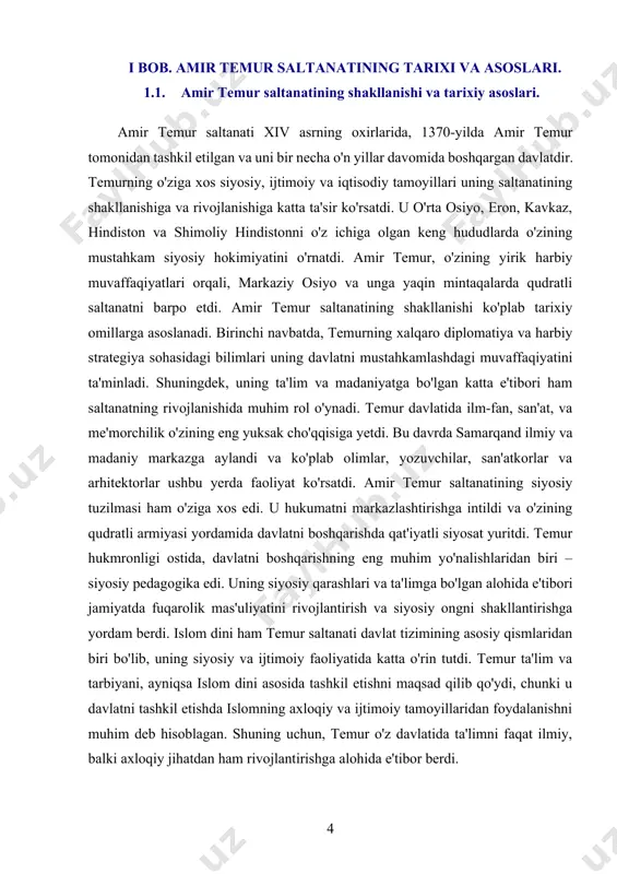 r saltanati asosiy qismlaridan biri o'zi boshqarayotgan hududlarda siyosiy barqarorlikni ta'minlash, jamiyatda fuqarolik ongini shakllantirish va siyosiy faoliyatni rag'batlantirishga intilgan. temur o'zining harbiy muvaffaqiyatlari orqali juda keng hududlarni egallab, o'rta osiyo, eron, hindiston, kavkaz va boshqa mintaqalarda o'z saltanatini mustahkamladi. uning hukmronligi davrida davlatni markazlashtirish va o'z siyosiy hokimiyatini qudratli armiya yordamida mustahkamlashga muvaffaq bo'ldi. temur madaniyati, ilm-fan va san'at sohalariga ham alohida ahamiyat berdi, va o'zining siyosiy boshqaruvini samarali olib borishda ilmiy va madaniy markazlarni rivojlantirdi. samarqand, bu davrda ilm-fan va madaniyatning markaziga aylandi, ko'plab olimlar va san'atkorlar bu yerdan yetishdi. temur saltanati shakllanishining yana bir muhim jihati – islom dinining davlat tizimiga qo‘shgan hissasi edi. temur ta'lim va tarbiyani, ayniqsa islom asosida tashkil etishni o‘zining davlat siyosatida asosiy tamoyil sifatida belgilagan. islomning axloqiy va ijtimoiy tamoyillari temur hukmronligi ostidagi davlatda muhim o‘rin tutdi. bu esa, fuqarolik ongini rivojlantirish va siyosiy faoliyatga qiziqishni oshirishda katta rol o'ynadi. siyosiy pedagogika …