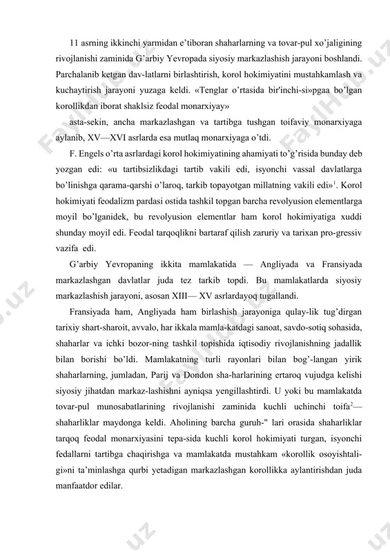 ar maydonga keldi. aholining barcha guruh-" lari orasida shaharliklar tarqoq feodal monarxiyasini tepa-sida kuchli korol hokimiyati turgan, isyonchi fedallarni tartibga chaqirishga va mamlakatda mustahkam «korollik osoyishtali-gi»ni ta’minlashga qurbi yetadigan markazlashgan korollikka aylantirishdan juda manfaatdor edilar. f. engels eng avvalo fransiyaning tarixini nazarda tutib, u bunday deb yozgan edi: «korol hokimiyati bilan byurgerlar ittifoqi x asrdan boshlandi; janjal-nizolar natijasida bu ittifoq tez-tez buzilib turdi, butun o’rta asrlar davomida rivojlanish uzluksiz bir yo’nalishda bormadi,- axir; bu ittifoq, nihoyat korol hokimiyatining batamom g’alaba qilishiga hozircha yordam berarkan, u yangidan tiklanib, tobora mustahkam-roq va tobora qudratliroq bo’ldi, buning evaziga korol hokimiyati esa o’z ittifoqchisini qullik asoratiga tushirdi va taladi» xi—xiii asrlarda fransiyaning iqtisodiy taraqqiyoti. xi, xii va xiii asrlarning ikkinchi yarmida fransiyada ishlab chi-qaruvchi kuchlarning juda tez rivojlanganligi ko’rildi. deh-qonchilik ancha o’sdi. yerning bir qismi bir juft ho’kiz qo’shil-gan g’ildiraksiz yongil,<plug bilan, boshqa bir qismi ikki yoki uch juft ho’kiz qo’shilgan og’ir plug bilan …