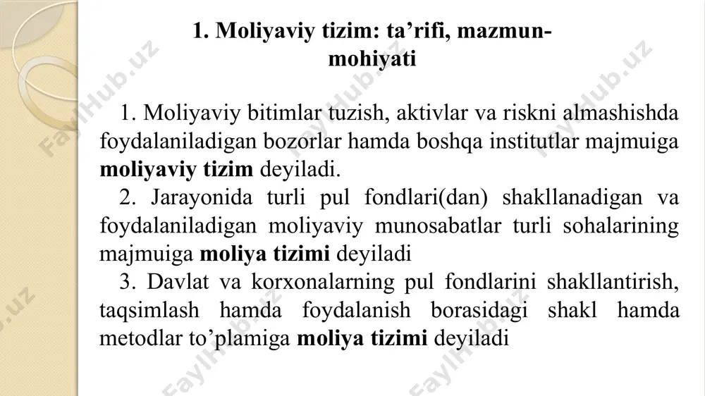 iy subyektlar moliyaviy resurslari ortiqcha bo’lgan iqtisodiy subyektlar moliyaviy vositachilar investitsion loyihalarni amalga oshirish uchun zarur bo‘lgan moliyaviy resurslarda ehtiyojlaridan daromadlari ko‘proq firmalarni ortiq mablag‘ga ega bo‘lgan subyektlar deb ataydilar; kelgusidagi sarmoyalar uchun resursi yetishmaydigan firmalar resurslari defitsit bo‘lgan subyektlar deb ataladi. turli mamlakatlar moliyaviy institutlari bir-biridan farqlanishining bir qator sabablari mavjud. ular qatoriga har xil o‘lchamlar, texnologiyalarning murakkablik yoki oddiylik darajasi, shuningdek, davlatlarning siyosiy, madaniy va tarixiy rivojlanishidagi farqlar kiradi. bundan tashqari, moliyaviy institutlar vaqtning o‘tishi bilan bir holatdan boshqa holatga o‘tib turadi. muassasaning nomi oldingiday o‘zgarmay qolishiga qaramasdan, ularning bajaradigan funksiyalari o‘zgarishi mumkin. 3. moliya tizimi funksiyalari aqshdagi zamonaviy banklar ushbu mamlakatda 1928 yoki 1958 yillarda bo‘lgan banklardan katta farq qiladi va shuningdek, germaniya yoki buyuk britaniyada banklar ham bundan 50 yil oldingisidan tubdan farqlanadi. sho‘rolar davrida o‘zbekistonda mavjud bo‘lgan banklar bilan undagi hozirgi banklar o‘rtasida ham juda katta farqlar mavjud. bunday yondoshuvning asosi shuki, mo‘ljal sifatida moliyaviy …