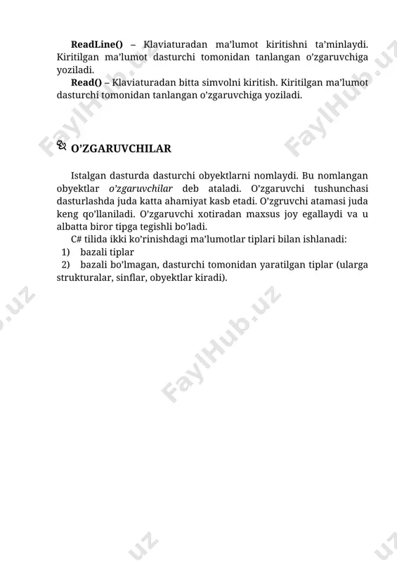 bosing..." ); console .readkey( true ); } } } dasturni satrma - satr tahlil qilishga harakat qilib ko’raylik. 1 - va 5 - satrlarda /* va */ belgilari orasida keltirilgan matn dasturchilar orasida izoh deb yuritiladi. bu belgilar orasidagi har qanday belgi yoki belgilar ketma - ketligi izoh deb tushuniladi. izoh – dastur kodiga hech qanday ta’sir o’tkazmay, dastur kodini boshqa foydalanuvchi yoki dasturchi uchun tushunarliligini ta’minlash vazifasini bajaradigan qism. demak, izohlar hech qanday vazifa bajarmaydi, lekin ular dasturning o’qilishini osonlashtira di. agar bir nechta satr emas, balki bir satrli izoh yozmoqchi bo’lsak, u holda 14 - satrda berilgan usuldan foydalanish mumkin. bir satrli izohlarni yozish uchun “//” belgilaridan foydalaniladi. izohlardan keyingi qatorda yozilgan using system operatori haq ida to’xtalib o’taylik. dasturlash muhiti ilovalar ishlab chiqishda tizim bilan bog’liq bo’lgan kerakli to’plamlarni taqdim etishi lozim. masalan, kiritish/chiqarish operatorlari, ma’lumotlar bazasi bilan /docprops/thumbnail.emf mavzu: c# tilining tashkil etuvchilari. reja: 1.ilk dastur …