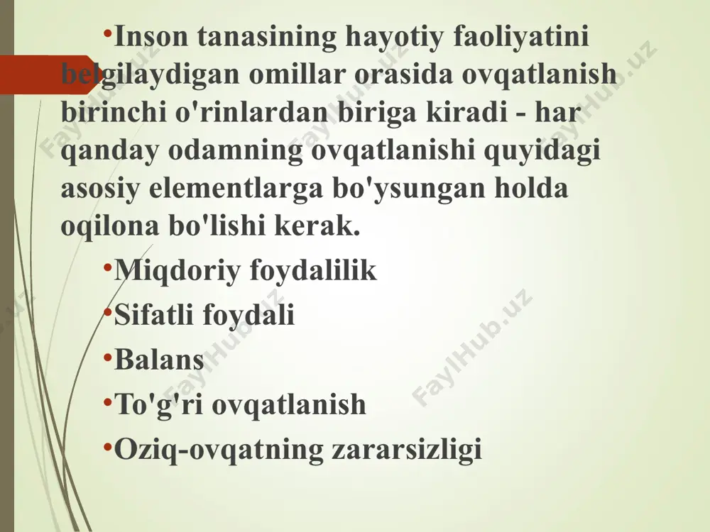 , polivitaminlar shaxsiy ratsion (frantsiya) shaxsiy ratsion (germaniya) cheklangan oziq-ovqat jangovar vaziyat, favqulodda vaziyatlar bilan bog'liq bo'lgan "qiyin sharoitlarda" qisqa muddatli foydalanish uchun mo'ljallangan. miqdoriy va sifat jihatidan etarli emas. misol - “omon qolish uchun parhez” dala sharoitida ovqatlanishni tashkil etish batalyonlar tomonidan o'tkaziladi - bpp joylashtirilmoqda – 80-100 m maydonda batalyon ta'minot punkti bpp tarkibi - 3 ta dala oshxonasi (har bir kompaniyaga 1 tadan) suv uchun sardobalar, oshxonalar uchun chodirlar, oziq-ovqat mahsulotlarini saqlash uchun, qayta ishlash uchun, bpp xodimlarini dam olish uchun, batalyon zobitlari uchun chodir * bpp joylashish sxemasi 1 - kii-125 oshxonasi; 2 - ramka chodiri; 4-o'rin, oziq-ovqat tarqatish; 6 - oshxonani tashish uchun mashina, 7 - zobitlar ovqatlanish uchun chodir; 8 - xodimlar tomonidan ovqatlanish joyi; 9 - kostryulkalar va idishlarni yuvadigan joy; 12 - suv idishi bo'lgan suv nuqtasi. oziq-ovqat mahsulotlarining doimiy to'plami bilan bitta tartibga muvofiq tayyorlanadi. qoida tariqasida kuniga 3 mahal rejim …