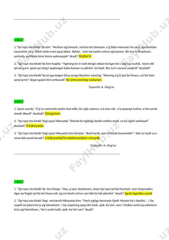 t» – «qo‘rqut ota kitobi» ozarbayjon xalq og‘zaki ijodiga nisbat berilgan. asar 1950 yilda bakuda nashr etildi. bu asar ozarbayjonlar o‘rtasida vii-viii asrlarda, hali ozarbayjon tilida yozma adabiyot unchalik taraqqiy etmagan bir sharoitda «kitobi dada qo‘rqut» nomi bilan mashhur bo‘lgan. eposga jahon adabiyotshunosligi katta qiziqish bilan qarab kelgan. 1815 yilda nemis sharqshunosi dis (1751-1817) o‘g‘uzlarning o‘n ikki qismdan iborat «qo‘rqut ota kitobi» asarini nemis tilida nashr ettirdi. bu eposning qo‘lyozmasi drezden shahrining kutubxonasidan topilgan edi. tarjima katta shov-shuvga sabab bo‘ldi. «qo‘rqut ota kitobi»ning qo‘lyozmasi xvi asrga mansubdir. albatta, bu qo‘lyozma uning shakllangan, tugal asarga aylangan nusxasidir. epos syujetining tug‘ilishi «odissey» singari miloddan avvalgi asrlarga to‘g‘ri keladi. doston xii qismdan iborat. «qo‘rqut ota kitobi»ni o‘rganishda v. v. bartold, v. м.jirmunskiy, a.kononov, a.yu.yakubovskiy kabi turkiyshunoslarning xizmati katta. bu asarda turkiy xalqlar dostonlarida mavjud qahramonlar obrazi alohida o‘rin egallagan. bu esa «qo‘rqut ota kitobi» turkiy dostonlar majmuasini eslatadi. 3. “qo‘rqut ota kitobi”da turkiy …