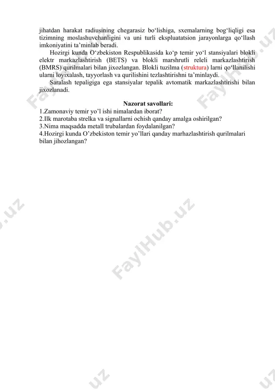 ish qo‘llanila boshlandi va uning qo‘llanilishi marshrut tayyorlanishiga ketgan vaqtni axamiyatli darajada qisqarishiga olib kelgan edi. boshqarish texnikalarining pog‘onama-pog‘ona rivojlanishi strelkalar orasidagi bog‘liqlik yashiklarida amalga oshiriladigan, strelkalar esa, elektr o‘tkazgichlar bilan jixozlangan elektr markazlashtirish (em) ni yaratilishiga olib keldi, bu mm ning asosiy kamchiliklaridan biri egiluvchan uzatma harakat radusining chegaralanganligini bartaraf etish imkonini berdi. strelka va signallar (svetoforlar) ni boshqarish zanjirlarida berkitish (qulflash) va nazorat funksiyalari bevosita rele yordamida bajariladigan elektr markazlashtrishni (em) joriy qilinishi xx asrning birinchi yarimida boshlandi. elektr markazlashtirishning ilg‘or tizimlari bilan taqqoslaganda ushbu em ning strelka va signallarni to‘g‘ri va kodli boshqarish usuliga ega ekanligi ularni amaliy jihatdan harakat radiusining chegarasiz bo‘lishiga, sxemalarning bog‘liqligi esa tizimning moslashuvchanligini va uni turli ekspluatatsion jarayonlarga qo‘llash imkoniyatini ta’minlab beradi. hozirgi kunda o‘zbekiston respublikasida ko‘p temir yo‘l stansiyalari blokli elektr markazlashtirish (bets) va blokli marshrutli releli markazlashtirish (bmrs) qurilmalari bilan jixozlangan. blokli tuzilma (struktura) larni qo‘llanilishi ularni loyixalash, tayyorlash va …
