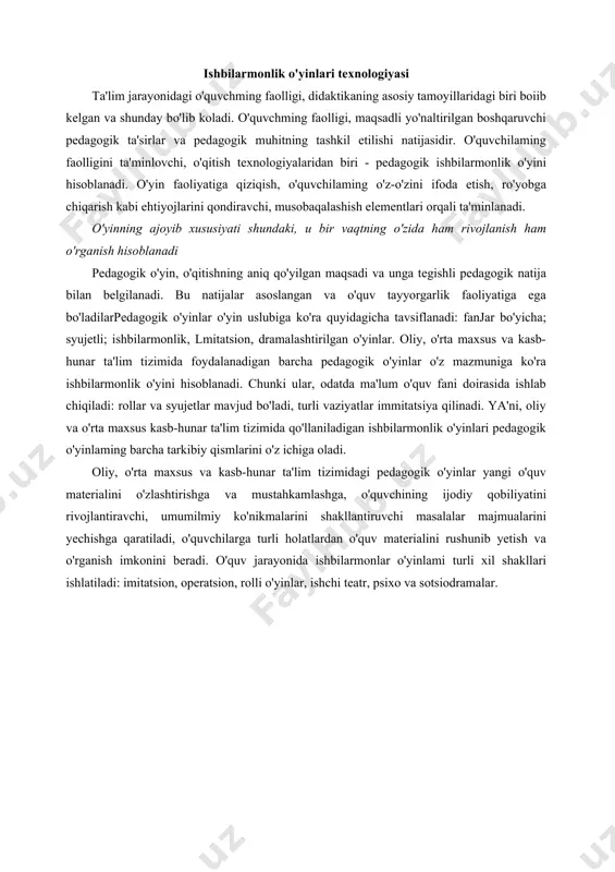 a o'rganish imkonini beradi. o'quv jarayonida ishbilarmonlar o'yinlami turli xil shakllari ishlatiladi: imitatsion, operatsion, rolli o'yinlar, ishchi teatr, psixo va sotsiodramalar. ishbilarmonlik o'yini (10') o'zida mutaxassisning kelajakdagi kasbiy faoliyatining predmeti va ijtimoiy mazmunini tiklash shaklini mujassamlashtiradi, faoliyat yaxlitligini belgilovchi shunday munosabatlar tizimini modellashtiradi. belgili vositalar (til, nutq, grafddar, jadvallar, hujjatlar) yordamida, ishbilarmonlik o'yinida asosiy muhim belgilariga ko'ra haqiqiy vaziyatga o'xshash kasbiy vaziyat vujudga keltiriladi. shu bilan birga ishbilarmonlik o'yinida, qisqa vaqt ichida faqat turdosh umumiy vaziyatlar qayta tiklanadi. ishbilarmonlik o'yigi kelajakdagi kasbiy faoliyatning pridmeti iihatini (shartli amaliyot) talabalarning boshqa rolll holatdagi vakillar bilan o'zaro muloqotda bo'luvchi ijtimoiy jihatini vujudga keltiradi. shunday qilib, ishbilarmonlik o'yinida jamoaviy o'quv faoliyatning yaxlit shakli - ishlab chiqarish, kasbiy faoliyati sharoiti modelida yaxlit obyektda amalga oshiriladi. ishbilarmonlik o'yinida talaba o'zida o'quv va kasbiy elementlarni uyg'unlashtirgan o'xshash kasbiy faoliyat bajaradi. bilim va ko'nikmalami o'zlashtirilishi abstrakt darajada emas, balki kasbiy mehnat kontekstida amalga oshadi. kontekstli o'qitishda bilimlar kelajak …