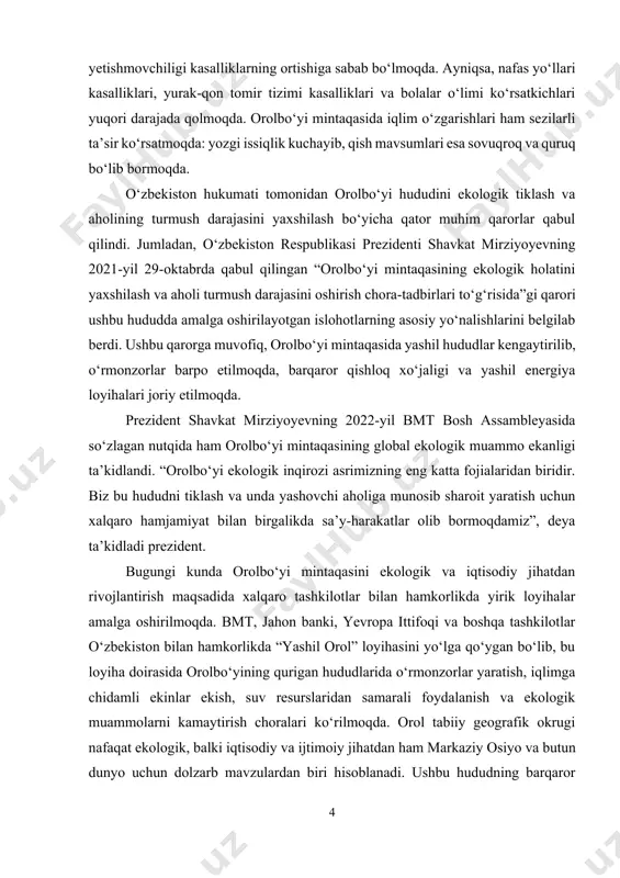 k tiklanishi va barqaror rivojlanishi uchun amaliy tavsiyalar ishlab chiqish. kurs ishining predmeti. orol tabiiy geografik okrugining tabiiy sharoitlari, ekologik muammolari va ularni bartaraf etish bo‘yicha olib borilayotgan chora-tadbirlarni ilmiy jihatdan o‘rganish. kurs ishining obyekti. orol tabiiy geografik okrugi, uning tabiiy-muhit xususiyatlari, ekologik holati va ijtimoiy-iqtisodiy muammolaridir. kurs ishining tuzilishi: kirish, 2 ta bob, umumiy xulosa va foydalanilgan adabiyotlar ro‘yxatidan iborat. i-bob. orol tabiiy geografik okrugining tabiiy-geografik xususiyatlari 1.1. geografik o‘rni va tabiiy chegaralari orol tabiiy geografik okrugi markaziy osiyoning shimoli-g‘arbiy qismida joylashgan bo‘lib, o‘zbekiston va qozog‘iston hududlarini qamrab oladi. mintaqa orol dengizining qurishi natijasida yuzaga kelgan ekologik o‘zgarishlari bilan ajralib turadi. ushbu hudud asosan qoraqalpog‘iston respublikasi va xorazm viloyatini (o‘zbekiston), qozog‘istonning janubi-g‘arbiy qismini hamda turkmanistonning shimoliy hududlarini o‘z ichiga oladi. orol tabiiy geografik okrugining asosiy tabiiy komponentlari qurg‘oqchil landshaftlar, sho‘rlangan tuproq va cho‘l ekotizimlaridan iborat. bu hudud qizilqum, qoraqum, ustyurt platosi va orolbo‘yi tekisliklarini qamrab oladi. geografik koordinatalari 53°–58° …