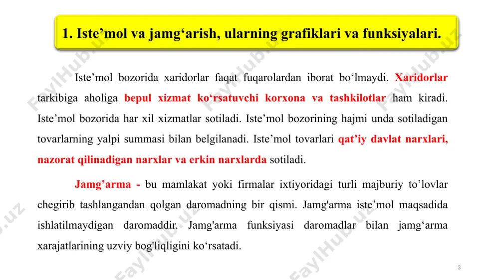 romaddan kam hamda ular o‘rtasidagi farq jamg‘arishni tashkil etadi. haqiqiy iste’mol to‘g‘ri chizig‘i iste’mol hajmini belgilovchi vertikal o‘qni a nuqtada kesib o‘tadi. bu hol uy xo‘jaliklari umuman daromad olmaganlarida ham ma’lum miqdorda iste’mol qilishlarini anglatadi. a – nuqta esa avtonom iste’mol hajmini bildiradi. keltirilgan ma’lumotlar asosida jamg‘arish grafigini ham ko‘rib chiqamiz (2-rasm). 12 2-rasm. jamg‘arish grafigi 13 jamg‘arish grafigi daromad bilan jamg‘arish o‘rtasidagi bog‘liqlikni ifodalaydi. vertikal o‘qdagi har bir nuqta jamg‘arma miqdorini bildiradi va daromad bilan unga muvofiq keladigan iste’mol hajmi o‘rtasidagi farq sifatida aniqlanadi (s=yd - c). boshlang‘ich daromad darajasida jamg‘arish nolga (0) teng bo‘lgan holda ixtiyordagi daromad hajmi o‘sib borishi bilan uning miqdori ham oshib boradi. 14 15 yuqoridagi ma’lumotlar va grafiklarga tayanib iste’mol funksiyasini yozamiz: c =a+byd, bu yerda: a – avtonom xarajatlar; yd – tasarrufidagi daromad (yd=y-t), bu yerda: t – soliqlar; b – iste’mol hajmining tasarrufidagi daromadga bog‘liqligini ifodalovchi koeffitsiyent, boshqacha aytganda iste’molga chegaralangan moyillik. …