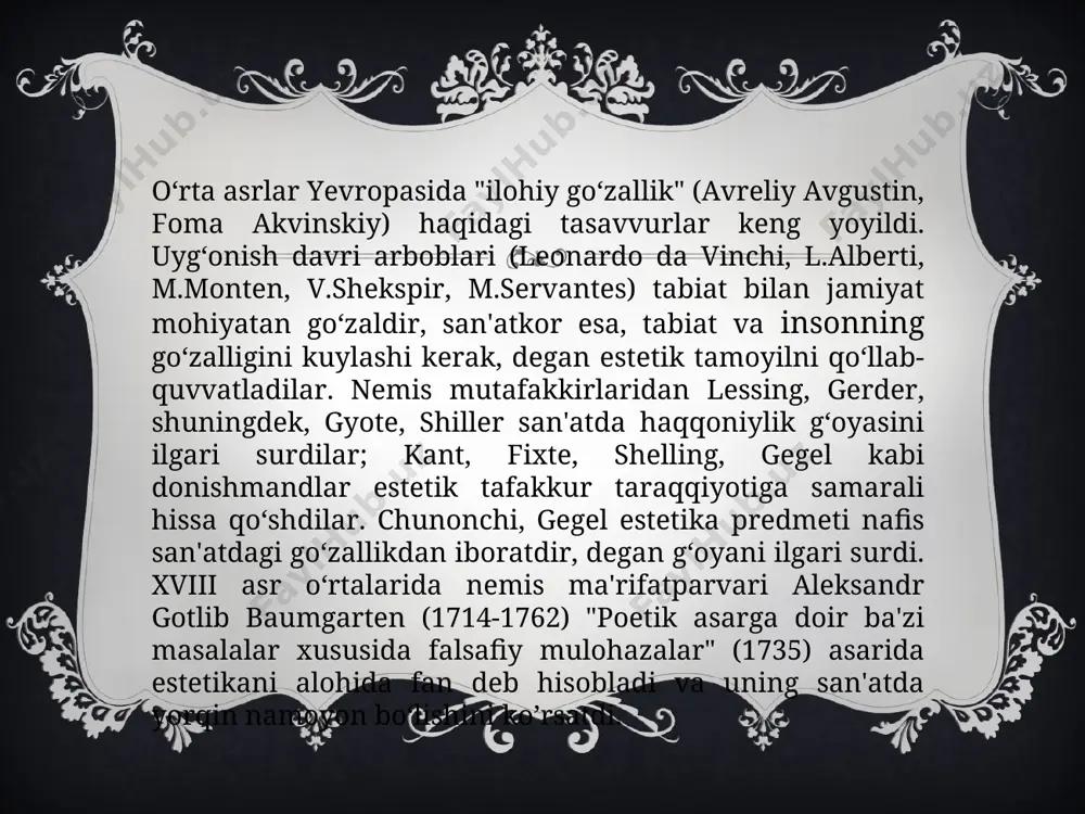 uriladi, lekin u bilan qo‘shilib ketmaydi. badiiy va estetik did o‘rtasidagi tafovug ularning turlicha idrok etish ob'yektlariga ega bo‘lishi bilan bog‘liqdir. ikki did o‘rtasidagi farqni hisobga olish bilan birga, ularni bir-biriga qarama-qarshi qo‘ymaslik lozim. badiiy did hamma vaqt estetik didga asoslanadi, undan kelib chiqadi. estetik ong - olamni estetik anglash, dunyoga inson munosabatining sub’yektiv tomoni. u ijtimoiy ong shakllaridan biri sifatida axloqiy ong, siyosiy ong, huquqiy ong, diniy ong, falsafiy ong kabi ijtimoiy hodisalar bilan bir qatorda turadi. estetik ong ma'naviy-ruhiy voqyea-hodisalar majmui bo‘lib, ular ijtimoiy hayot zaminida vujudga keladigan estetik his, estetik did, fikr, orzu-qarash nazariy tizimini anglatadi. estetik ong axloqiy ong bilan barobar tarzda, ijtimoiy ongning boshqa shakllaridan oldinroq vujudga kelgan. dastlabki paytlarda estetik his-tuig‘u, kechinmalar olamlarning bevosita moddiy va ma'naviy faoliyatiga chirmashib ketgan bo‘lib, tabiatni ijtimoiy taraqqiyyotning bu pallasida estetik his-tuyg‘u, kechinma va mulohazalar vujudga kelishi hamda rivojlanishi moddiy asoslar bilan chambarchas bog‘lanib ketganida yaqqol ko‘zga tashlanadi. …