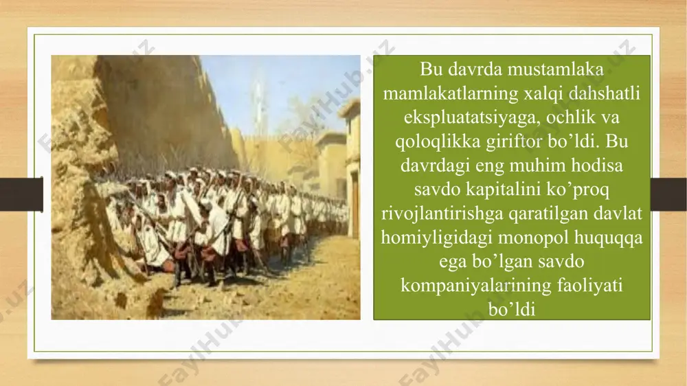 ubiy germaniya masalasi borasida ham italiya va prussiyaning asosiy raqibi fransiya edi. frank-pruss qarama-qarshiligi va keskin italyan-fransuz munosabatlari xix asrning 60-yillari ikkinchi yarmi xalqaro munosabatlarining asosiy omili edi. yevropa davlatlarining 20-60-yillar ikkinchi yarmidagi mustamlakachilik siyosati usullari xvii-xviii asrlar ikkinchi yarmidagi mustamlakachilik siyosati usullaridan tubdan farq qiladi. yevropaliklar osiyodagi mustamlakalarning yangi hududlarida iqtisodiy va harbiy munosabatlarning kuchsiz shakllari bilan bir qatorda qadimgi davrlardan boshlab davlatchilik mavjud bo’lgan qadimiy madaniyat (xitoy, yaponiya, eron) bilan to’qnash keldilar. shuning uchun ham bu mamlakatlarni zabt etish mustamlaka bosqinchiligi va kontinent bo’linish amalga oshirilgan yangi dunyo mustamlakasini zabt etishdan farq qilgan xix asrning 20-60-yillarida boshqacha usullar: ―ta’sir muhiti‖(xitoy, iroq, eron) ni bo’lish, protektorat (kambodja) o’rnatish, ayniqsa, mahalliy knyaz va monarxlarning hokimiyatini nomigagina saqlagan holda iqtisodiy zabt etish ustunlik qila boshladi. mustamlakalarni boshqarish qoidalari ham o’zgardi. koloniyalarni ekspluatatsiya qilish tizimi va ularni monopol savdo kompaniyalari orqali boshqarilishi tugatildi. mustamlaklarni boshqarish vazifasi davlatga o’tdi. mustamlaklarni iqtisodiy jihatdan ekspluatatsiya …