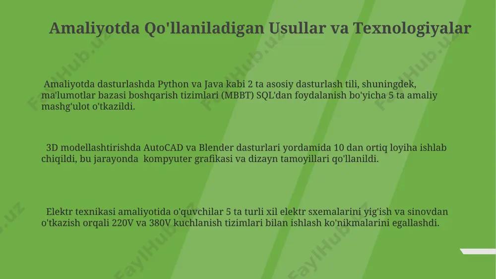 r va natijalarini 5 ball shkalasi bo'yicha baholaydilar. dasturda 15 ta turli xil texnologiyalarni o'rganish, shu jumladan 5 ta dasturiy ta'minot va 10 ta apparat vositalar bilan ishlash ko'zda tutilgan. amaliyot rejasi 4 hafta davom etadi va har hafta oxirida talabalarning bilim va ko'nikmalarini baholash uchun testlar o'tkaziladi, natijalar amaliyot jurnaliga yoziladi. amaliyot o'tkaziladigan joylar amaliyot o'tkaziladigan joylarning 70% dan ortig'i zamonaviy texnologiyalar bilan jihozlangan bo'lib, talabalarga haqiqiy ish sharoitlarini taqlid qilish imkonini beradi. amaliyot muddati o'rtacha 4-6 hafta davom etib, talabalarga nazariy bilimlarini amaliyotga tatbiq etish va 20 dan ortiq turli vazifalarni bajarish imkoniyatini beradi. jami 15 ta turli sohalardagi yirik korxonalar va tashkilotlar bilan hamkorlikda amaliyot o'tkazish imkoniyati mavjud, bu esa talabalarning kasbiy ko'nikmalarini oshirishga yordam beradi. amaliyotning maqsadi va vazifalari amaliyot vazifalari orasida 5 ta muhim bosqich mavjud: tahlil qilish, rejalashtirish, ijro etish, nazorat qilish va hisobot berish. bu jarayonlarni o'zlashtirish orqali talabalar professional kompetensiyalarini rivojlantiradilar. amaliyotning …