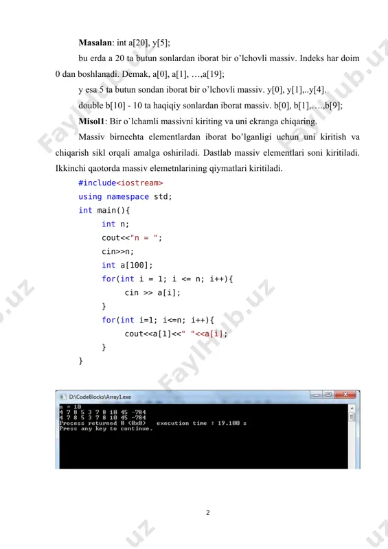 chiqarish sikl orqali amalga oshiriladi. dastlab massiv elementlari soni kiritiladi. ikkinchi qaotorda massiv elemetnlarining qiymatlari kiritiladi. #include using namespace std; int main(){ int n; cout >n; int a[100]; for(int i = 1; i > a[i]; } for(int i=1; i using namespace std; int main(){ int n; cout >n; int a[100]; for(int i = 1; i > a[i]; } int sum = 0; for (int i = 1; i using namespace std; int main(){ int n; cout >n; int a[100]; for(int i = 1; i > a[i]; } int min = a[1]; for (int i = 2; i <= n; i++) { if (a[i] < min) min = a[i]; } cout << "massivning minimali : " << min; } topshiriqlar. 101. massiv1 vaqt limiti: 1 sekund xotira limiti: 64 mb bir o`lchamli sonli massivni o`rtacha qiymatidandan kichik elеmеntlarini o`rtacha qiymati хisоblansin. kiruvchi ma’lumotlar: birinchi satrda n (1<=n <=100). ikkinchi satrda n …