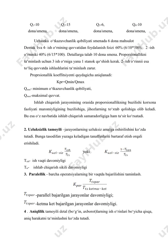 adi. bu esa o‘z navbatida ishlab chiqarish samaradorligiga ham ta‘sir ko‘rsatadi. 2. uzluksizlik tamoyili –jarayonlarning uzluksiz amalga oshirilishini ko‘zda tutadi. bunga tasodifan yuzaga keladigan tanaffuslarni bartaraf etish orqali erishiladi. yoki tish- ish vaqti davomiyligi tts- ishlab chiqarish sikili davomiyligi 3. paralellik - barcha operatsiyalarning bir vaqtda bajarilishini taminlash. -parallel bajarilgan jarayonlar davomiyligi; -ketma ket bajarilgan jarayonlar davomiyligi. 4 . aniqlilik tamoyili detal (bo‘g‘in, axborot)larning ish o‘rinlari bo‘yicha qisqa, aniq harakatni ta‘minlashni ko‘zda tutadi. lopt - ortiqcha bo‘g‘inlar,bo‘g‘inlar dastlabki ish o‘rniga qaytishlarini bartaraf yetish natijasidagi masofa lhaq - mehnat buyumining haqiqiy o‘tish yo‘li davomiyligi. 5. maromiylik ma‘lum bir vaqt oralig‘ida bir xil hajimdagi ishni bajarishni ko‘zda tutadi 𝚺qix - reja doirasida ma‘lum vaqt orasida bajarish ishlar hajmi. 𝚺qip - rejalashtirilgan ish hajmi. 5 3.3. ishlab chiqarish sikli va uning davomiyligini qisqartirishning iqtisodiy ahamiyati. ishlab chiqarish jarayoni murakkab jarayon hisoblanib, ma‘lum bir muhitda, maydonda va vaqtda amal qiladi. ishlab chiqarish jarayonini vaqtda …