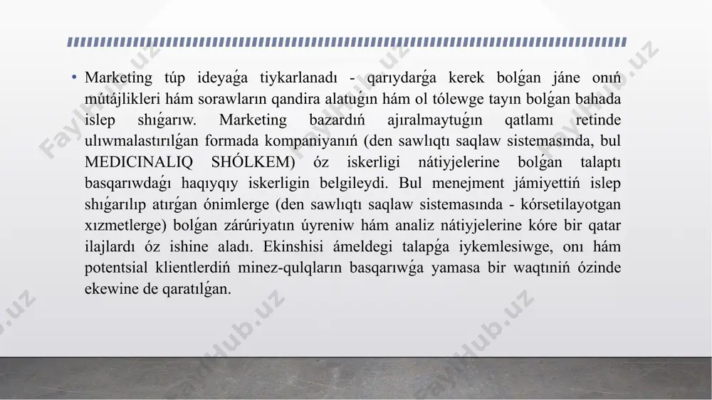 sabı hám qadaǵalawı. den sawlıqtı saqlawda marketing rawajlanıwına tosqınlıq etiwshi tómendegi sebepler ámelde: — medicinalıq tovarlar hám xızmetlerdiń erkin bazarınıń joq ekenligi; — sanaattıń jetkilikli dárejede resurslar menen támiyinlenbegenligi; — jergilikli medicinalıq tovarlar hám xızmetler óndiristegi kemtarlıq ; — mámleket xalqınıń tiykarǵı bóleginiń tólew qábileti tómen bolǵan medicinalıq xızmetlerdiń joqarı bahası ; — medicinalıq tovarlar hám xızmetler bazarında tómen báseki. marketing - bazar ekonomikası sharayatında medicina shólkeminiń islep shıǵarıw hám kommerciya iskerligin basqarıwdıń bir forması. qarıydarlardıń mútájliklerin óndiriwshilerdiń tabısına aylantıriwshı quramalı basqarıw funksiyası bolǵan marketing evolyutsion rawajlanıwda uzaq joldı basıp ótti. shólkemler ózleriniń marketing iskerligin ámelge asırıwları múmkin bolǵan besew kontseptual jantasıw bar. • kommerciya háreketlerin aktivlestiriw konsepsiyası (marketing; 1950-jıllardıń birinshi yarımıǵa shekem). eger firma satıw hám satıwdı xoshametlewge úlken kúsh sarplasa, tovarlar hám xızmetler bazarda satıwdı tabadı. sawda háreketleri - satıwshınıń mútájliklerine itibar qaratıń. • marketing kontseptsiyası (qarıydar, xx ásirdiń 80-jıllarından baslap ). eger kompaniya maqsetli bazarlar qarıydarlarınıń mútájlikleri …