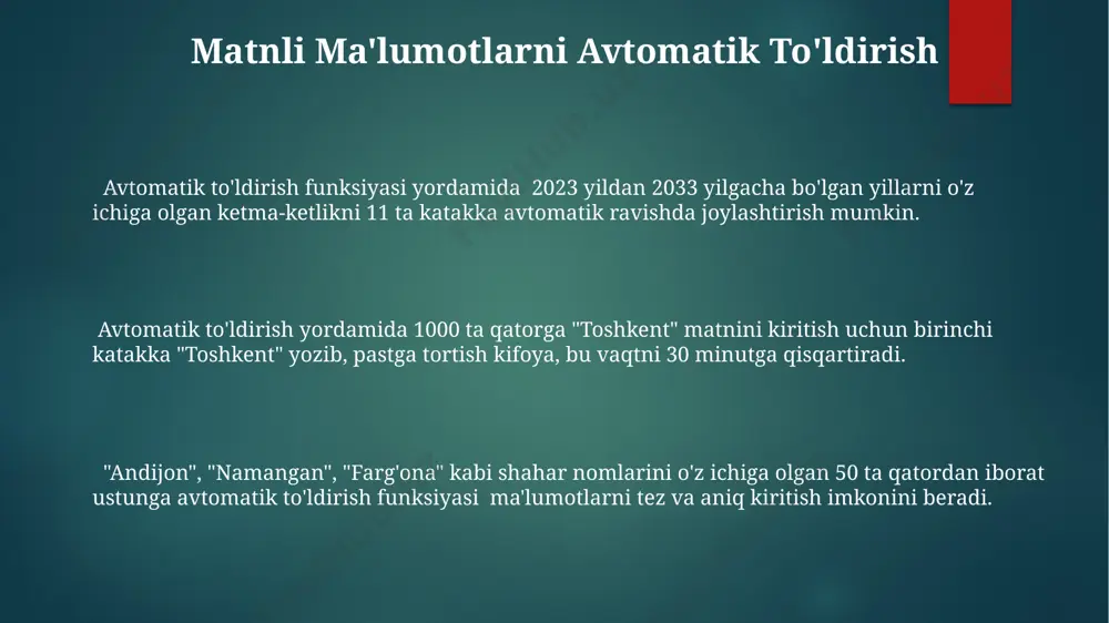 amma) yoki chiziqli diagrammalar, ma'lumotlarni 2 o'qda (x va y) yoki 3 o'qda (x, y va z) ko'rsatish imkonini beradi, bu esa toshkentdagi sotish ko'rsatkichlarini taqdimotda aniqroq aks ettirishga yordam beradi. doiraviy diagrammalar (pie charts) butun bir qismning tarkibiy qismlarini, masalan, 5 ta turli xil mahsulotning umumiy sotuv hajmidagi ulushini foizlarda, andijon viloyatida, grafik ravishda ko'rsatish uchun juda mos keladi. avtomatik to'ldirishning asosiy xususiyatlari avtomatik to'ldirish, samarqand viloyati ma'lumotlarini kiritishda, masalan, 20 ta qishloq nomini kiritgandan so'ng, qolgan qishloq nomlarini taklif qilish orqali, foydalanuvchining ishini ancha soddalashtiradi. ushbu funksiya sonlar ketma-ketligini (1, 2, 3...), sanalarni (01.01.2024, 02.01.2024...) yoki haftaning kunlarini (dushanba, seshanba...) avtomatik ravishda 50 tagacha to'ldirishi mumkin, bu esa jadval yaratishni ancha osonlashtiradi. avtomatik to'ldirish funksiyasi excelda 1000 qatorgacha ma'lumotlarni, masalan, toshkentdagi do'konlar ro'yxatini, tez va samarali tarzda to'ldirish imkonini beradi, bu esa vaqtni tejashga yordam beradi. diagramma yaratish va tahrirlash excelda 2d va 3d diagrammalarni yaratish imkoniyati mavjud …