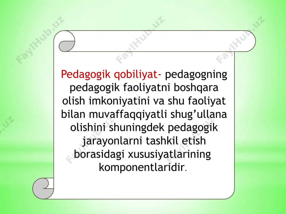 sini, psixologik holatlarini qalbdan his etish, tushunish, idrok etish, ularga achinish xususiyatlaridir. ta’lim jarayonini muqobillashtirish qobiliyati: o'qituvchi o'z bilimini o'quvchi ongi va tafakkuriga kam kuch sarflash evaziga yetkaza olishi, ta’lim va tarbiyada belgilangan muddatda maqsadga erishish qobiliyatidir. didaktik qobiliyat: o'quvchilar bilan muloqot qilishda, pedagogikaning ta’lim va tarbiyaviy qonuniyatlarini hamda metodlarini chuqur o'zlashtirgan holda samarali dars berish qobiliyatidir. shuningdek, dars pedagogik texnologiyalar asosida jahon andozalariga, hozirgi zamon talablariga javob berishi kerak. tashkilotchilik qobiliyati: pedagogik qobiliyatning tarkibiy qismidir. u sinf o‘quvchilarining o'qituvchi tomonidan turli jamoat ishlariga, to'garaklarga jalb qila olishida, sinf jamoasining har bir o‘quvchiga faol vaziyatni ta’minlab berishida namoyon bo'ladi. konstruktiv qobiliyat: o'qituvchining o'quv-tarbiyaviy faoliyatni puxta rejalashtirishi asosida yuzaga keladigan kasbiy pedagogik vaziyat bosqichlarini oldindan ko'ra olishi. bilish qobiliyati. o‘qituvchining o‘z fanini va boshqa fanlarni chuqur bilishi,o'zlashtirishi va amaliyotda namoyon etishi. anglash (tushunish) qobiliyati: o'qituvchining ziyrakligi va udda- buronligi, voqea va hodisalarni chuqur idrok etib, ularga adolatli muno- sabatda bo'lishi. pedagogik …