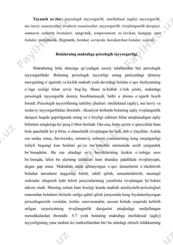 bolalarni birinchi sinfga qabul qilish jarayonida keng foydalanilayotgan psixodiagnostik vositalar, testlar, surovnomalar, asosan bolada yuqorida keltirib utilgan xususiyatning rivojlanganlik darajasini aniqlashga muljallangan metodikalardan iboratdir. 5-7 yosh bolaning maktabga intellektual (aqliy) tayyorligining yana muhim ko`rsatkichlaridan biri bu ulardagi obrazli tafakkurning oliy darajada rvojlanganligidir. bularga tayangan holda bola atrof-muhitdagi narsa-hodisalar o`rtasidagi eng muhim xususiyatlarni, munosabatlarni farqlay olish imkoniyatiga ega bo`ladi. bu urinda bolalar chizmali tasvirlarni shunchaki tushunibgina qolmay, balki ulardan muvaffaqiyatli foydalana oladigan bo`ladilar. biroq ularning tafakkuri umumlashtirish xislatlariga ega bo`la borsa-da, predmetlar va ularning (tafakkuri) o`rnini bosuvchilar bilan aniq xatti-harakati obrazliligicha qolaveradi. maktabgacha yosh davridayoq bola kichik maktab yosh davrida yetakchi faoliyat turi bo`ladigan o`quv faoliyatiga tayyorlangan bo`lishi lozim. bunda bolada ma’lum bir tegishli malakalarning shakllangan bo`lishi muhim ahamiyatga ega. bunday malakalarning asosiy xususiyatlaridan biri bolaning o`quv topshirigini ajratib olishi va faoliyatni mustaqil maqsadga aylantira olishidir. bunday jarayonlar birinchi sinf o`quvchilaridan topshiriqda o`zi belgilagan o`zgarish, yangilik alomatlarini kidirib topa bilish va …