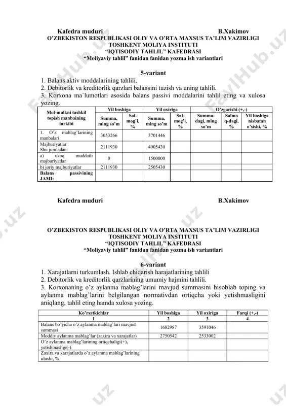 g. ko’rsatkichlar rejaning bajarilishi, % foizlar farqi mahsulot hajmiga ta`siri o’zgarish sababi 1. ishchilar soni 89,52 2. jami ishlangan kishi-kunlari 90,20 3. jami ishlangan kishi - soatlar 89,62 4. mahsulot hajmi 101.07 jami: x * eslatma: mahsulot hajmi, solishtirma ulgurji bahoda, ming so’m reja bo’yicha – 130810 ming so’m haqiqatda – 134718 ming so’m kafedra muduri b.xakimov o’zbekiston respublikasi oliy va o’rta maxsus ta’lim vazirligi toshkent moliya instituti “iqtisodiy tahlil” kafedrasi “moliyaviy tahlil” fanidan fanidan yozma ish variantlari 8-variant 1. balans passiv moddalarining tahlili. 2. umumxo’jalik faoliyatining moliyaviy natijalarini tahlili. 3. korxonaning zahira va xarajatlarini qoplashga tegishli manbalar bilan ta`minlanganlik darajasini aniqlang, tahlil qiling va xulosa yozing. ko’rsatkichlar yil boshiga yil oxiriga farqi (+,-) 1. o’z mablag’larining manbalari 3053266 3701446 2. uzoq muddatli aktivlar 1370279 1610400 3. tovar-moddiy zahiralarni qoplashga tegishli o’z manbalari 4. uzoq muddatli kredit va qarzlar 0 1500000 5. tovar-moddiy zahiralarni qoplashga tegishli o’zlik va uzoq muddatli …