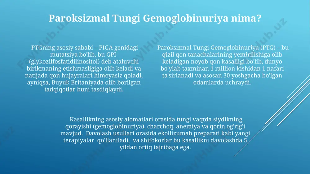 binning mavjudligi) namoyon bo‘ladi, bu esa siydikning qorong‘i rangga ega bo‘lishiga olib keladi. taxminan 15% hollarda bu alomat asosiy shikoyat hisoblanadi. pnh ning klinik ko‘rinishlari bemorlarda 30% gacha anemiya bilan namoyon bo‘ladi, bu esa charchoq, nafas qisishi va bosh aylanishi kabi alomatlarga olib keladi, ayniqsa, janubiy amerika mamlakatlarida tarqalgan. kasallikning patogenezi kasallikning asosiy sababi - suyak ko'migida ko'payuvchi gomotsigotli piga mutatsiyalari bilan tavsiflangan gematopoetik poydevor hujayralarining klonlari bo'lib, ularning taxminan 1% dan kam qismi kasallik klinik belgilari ko'rsatadi. pnhning patogenezi, komplement tizimining noto'g'ri faollashadigan qizil qon tanachalari lizisini qo'zg'atuvchi cd59 va cd55 oqsillari yetishmovchiligiga bog'liq bo'lib, bu esa asosan buyrakda gemoglobinuriyani keltirib chiqaradi. pnhning patogenezi gpi qo'shilishining buzilishi bilan bog'liq bo'lib, bu esa piga genidagi mutatsiyalar tufayli 10 dan ortiq oqsillarni, shu jumladan cd55 va cd59 ni hujayra yuzasida ifoda etishining pasayishiga olib keladi. prognoz pnhning prognozi bemorning umumiy sogʻligʻi, kasallikning ogʻirligiga va davolanishga javobiga bogʻliq boʻlib, 5 yillik oʻlim …