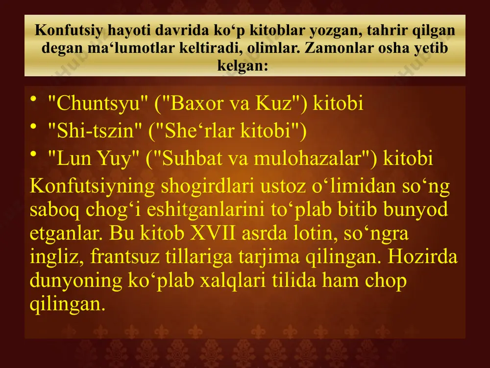 irlarini bilib olish uchun yoshlardan quyidagilar talab qilinadi. 1. sof aqlga ega bo‘lish; 2. o‘rganish zarur bo‘lgan narsani ko‘rish; 3. diqqatni to‘play olish; 4. kuzatish lozim bo‘lgan narsalarni ma’lum tartibda ketma-ket ko‘rsatish. komenskiyning fikricha bolalarni maktabga har yili bir marta qabul qilish lozim. o‘qishga qabul qilinganlar sinflarga taqsimlanib chiqilishi kerak. maktabda sinflar soni qancha bo‘lsa, sinf xonalari ham shuncha bo‘lishi kerak. boshlang‘ich sinf o‘quvchilari har kuni to‘rt soat, gimnaziya o‘quvchilari olti soat o‘qishi kerak. har bir darsda ma’lum vazifani bajarish kerak. muallim biror narsani tushuntirayotganda hamma bolalar diqqat bilan tenglasinlar. komenskiy butun dunyoda pedagogik fikrlar va maktablar taraqqiyotida juda katta ta’sir ko‘rsatdi. shuning uchun ham butun insoniyat komenskiyni qadrlaydi. e’tiboringiz uchun tashakkur image2.png image3.png image4.png image5.png image6.png image7.png image8.png image1.png /docprops/thumbnail.jpeg