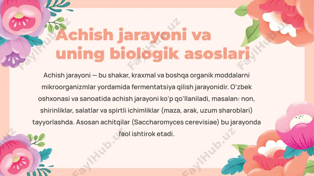 yordamida sirke kislotasiga aylantirish jarayonidir. shunday qilib, uzum, olma yoki sabzavotdan sirka tayyorlanadi. oziq-ovqat sanoatida, konserva va souslar ishlab chiqarishda qo‘llaniladi. buterik achish — sut yoki boshqa organik moddalarni bakteriyalar orqali butirik kislota va gaz hosil qilish jarayoni. bu usul pishloq, yog‘ va ba’zi fermentlangan ichimliklarni tayyorlashda ishlatiladi. efir yog‘lar: tarkibi, xossalari va foydalanish sohalari efir yog‘lar — bu o‘simliklarning barg, gul, urug‘, po‘st yoki ildizlaridan olinadigan uchuvchi aromatik moddalar bo‘lib, ularning asosiy tarkibiy qismlari terpenlar, aldehidlar, ketonlar, spirtlar va esterlardir. har bir o‘simlik turi o‘ziga xos efir yog‘i tarkibiga ega bo‘ladi. xushbo‘ylik: kuchli va o‘ziga xos aroma beradi. uchuvchanlik: havoda tez tarqaladi va tez bug‘lanadi. biologik faoliyat: antiseptik, antibakterial, qo‘zg‘atuvchi va dam beruvchi xususiyatlarga ega. kimyoviy xossalari: ko‘pchilik efir yog‘lar organik erituvchilarda eriydi, suvda esa biroz yoki umuman erimaydi. foydalanish sohalari: parfyumeriya va kosmetika: atir, sovun, losyon, krem va aromaterapiya vositalarida. oziq-ovqat sanoati: shirinliklar, ichimliklar va konfetlarda ta’m beruvchi …