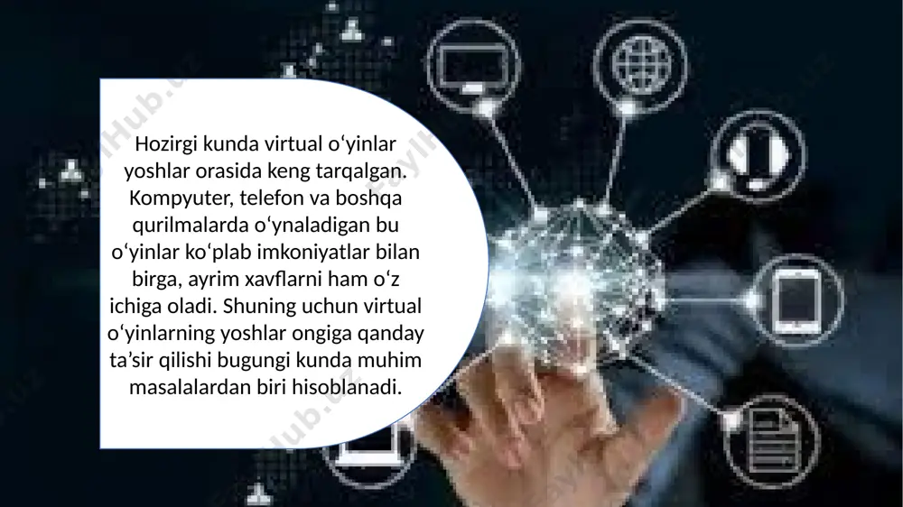 lootbox (o‘yin ichidagi sandiqlar) – ko‘plab video o‘yinlarda (fortnite, fifa, cs:go va boshqalar) haqiqiy pul evaziga "sandik" ochib, ichidan tasodifiy sovrinlar olish mumkin. bu qimorga o‘xshash tizim hisoblanadi. 3. virtual sport tikishlari – sun’iy intellekt tomonidan yaratilgan sport o‘yinlariga pul tikish. 4. kripto-qimor o‘yinlari – kriptovalyutalar asosida ishlaydigan tikish va kazino saytlar. virtual o'yinlar inson soĝligʻi uchun zararli! oʻynamaslik kerak deya olmayman lekin juda oshirib yubormasdan va virtual oʻyinlarni haqiqiy hayotga bogʻlamasdan o'ynash kerak. haddan ziyod berilib qolmaslik, juda koʻp vaqtni oʻyinlarga sarflamaslik kerak. umringizning eng ajoyib davrlarini virtual olamda o'tkazib yubormang, qimoq va tavakkalchilikka asoslangan oʻyinlar oʻynamang!!! e'tiboringiz uchun rahmat! image1.png image2.jpeg image3.png image4.png image5.png image6.png image7.png image8.jpeg image9.jpeg /docprops/thumbnail.jpeg
