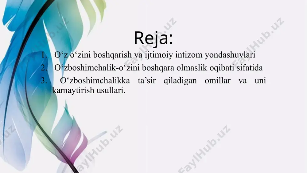 dashuvini ham o‘z ichiga oladi. albert bandura ijtimoiy-kognitiv nazariya bandura o‘zini boshqarishni “o‘z-o‘zini kuzatish”, “o‘zini baholash” “o‘zini mukofotlash” kabi mexanizmlar orqali tushuntiradi banduraga ko‘ra, inson xulqi ijtimoiy kuzatish orqali shakllanadi: ya’ni, odamlar boshqalarni kuzatib, ularning xatti-harakatidan o‘rnak oladi. agar insonda o‘zini nazorat qilish qobiliyati yaxshi rivojlangan bo‘lsa, u o‘zini ijtimoiy qoidalarga muvofiq tarzda tutadi. aksincha, agar o‘zini boshqarish past bo‘lsa, inson o‘zboshimcha, jamiyatni inobatga olmaydigan tarzda harakat qiladi. lev vigotskiy “sotsiokultural” yondashuv vigotskiy fikricha, insonning ongli faoliyati, shu jumladan o‘zini boshqarish, ijtimoiy muhit orqali rivojlanadi. o‘z-o‘zini boshqarish — bu katta odamlar bilan bo‘lgan muloqot va hamkorlik asosida shakllanadi, keyinchalik ichki nutqga aylanish orqali o‘z nazorat tizimi paydo bo‘ladi. agar bola ijtimoiy muhitda yetarli rahbarlik, odob-axloq saboqlarini olmasa, u ichki tartibga ega bo‘lmaydi, ya’ni o‘zini boshqara olmaydi, va o‘zboshimchalik shakllanadi. o‘zboshimchalik harakat turlari o‘zboshimchalikka moyil bo‘lgan harakatlar insonning ijtimoiy me’yorlar, axloqiy qoidalar yoki tashqi nazoratni inkor etgan holda o‘z istak va …