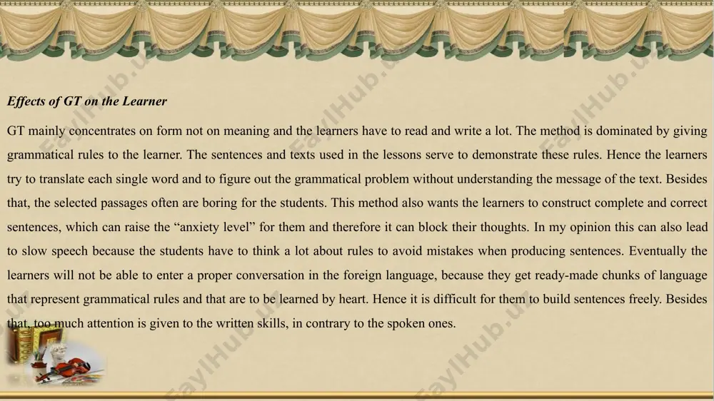 audio-lingual approach focus on grammar drills. the following points sum up the characteristics of the method: no grammatical explanation learning vocabulary in context use of tapes and visual aids focus on pronunciation immediate reinforcement of correct responses constructive approach according to this approach, learning a second language will be effective in authentic and complex learning environment or situation. one of the primary goals of using constructivist teaching is that students learn how to learn by taking initiative for their own learning experiences. according to reinfried, constructivist language learning should be action oriented and language is learned through collaboration. free creation is praised, and learning is achieved by actively doing projects and self teaching. constructivist language learning should be learner centered that supports individualization of learning and autonomy. constructivist language learning should be holistic with content oriented perspective, authentic and complex learning environment. principle of constructive approach one of the most …