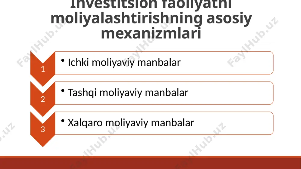 qtisodiyot nashriyoti, 2009. abdullayev, m.u., rasulov, s.s. moliyaviy menejment. toshkent: o‘zbekiston milliy universiteti nashriyoti, 2015. ibragimov, n.a. iqtisodiyot va moliya. toshkent: universitet nashriyoti, 2017. rashidov, a.t., mirzayev, b.m. investitsiyalar iqtisodiyoti. toshkent: o‘qituvchi nashriyoti, 2010. usmonov, k.k. investitsiyalarni jalb qilish va rivojlantirish. toshkent: o‘zbekiston respublikasi iqtisodiy taraqqiyot va kambag‘allikni qisqartirish vazirligi, 2020. image1.jpeg image2.jpeg image3.jpeg image4.jpeg image5.png image6.png image7.jpeg image8.png image9.png image10.png image11.jpeg image12.jpeg /docprops/thumbnail.jpeg