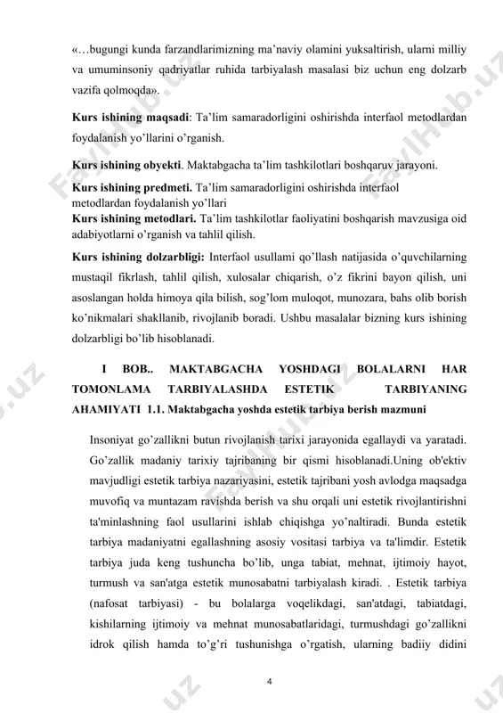 oya qila bilish, sog’lom muloqot, munozara, bahs olib borish ko’nikmalari shakllanib, rivojlanib boradi. ushbu masalalar bizning kurs ishining dolzarbligi bo’lib hisoblanadi. i bob.. maktabgacha yoshdagi bolalarni har tomonlama tarbiyalashda estetik tarbiyaning ahamiyati 1.1. maktabgacha yoshda estetik tarbiya berish mazmuni insoniyat go’zallikni butun rivojlanish tarixi jarayonida egallaydi va yaratadi. go’zallik madaniy tarixiy tajribaning bir qismi hisoblanadi.uning ob'ektiv mavjudligi estetik tarbiya nazariyasini, estetik tajribani yosh avlodga maqsadga muvofiq va muntazam ravishda berish va shu orqali uni estetik rivojlantirishni ta'minlashning faol usullarini ishlab chiqishga yo’naltiradi. bunda estetik tarbiya madaniyatni egallashning asosiy vositasi tarbiya va ta'limdir. estetik tarbiya juda keng tushuncha bo’lib, unga tabiat, mehnat, ijtimoiy hayot, turmush va san'atga estetik munosabatni tarbiyalash kiradi. . estetik tarbiya (nafosat tarbiyasi) - bu bolalarga voqelikdagi, san'atdagi, tabiatdagi, kishilarning ijtimoiy va mehnat munosabatlaridagi, turmushdagi go’zallikni idrok qilish hamda to’g’ri tushunishga o’rgatish, ularning badiiy didini o’stirish, ularda go’zallikka muhabbat uyg’otish va hayotga go’zallik olib kirish qobiliyatlarini tarbiyalashdir nozik …