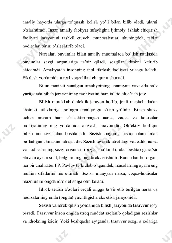 iyatlari rivojlanadi, ularda e’tiqod hosil bo’ladi, ilmiy dunyoqarshni shakllantiruvchi g’oyalar tizimi tarkib topadi. ta’lim jarayonida biror bir fan sohasida insoniyat tomonidan o’zlashtirilgan barcha bilimlarni o’rganish mumkin emas. ta’lim jarayonida eng asosiy, eng muhim bilimlar fanlarning asoslari o’rganiladi. ta’lim muassasalarida o’rganiladigan o’quv predmetlari soni o’z vazifalari va xususiyatlariga muvofiq tarzda ortib boradi. boshlang’ich sinflarda tabiat va jamiyat qonuniyatlari borasidagi eng oddiy ma’lumotlarni berish asosida ularda dunyoqarash shakllantirilib boriladi. mazkur bilimlar asosida ta’lim oluvchilar ob’ektiv borliq mohiyatini anglab boradilar. ta’lim jarayonida ta’lim oluvchilar bilimlar tizimini egallabgina qolmasdan, balki faoliyat ko’nikma va malakalarini ham hosil qiladilar. ko’nikmalar muayyan vaziyatdagina emas, balki dastlabki shart - sharoitlar o’zgargan vaqtda ham ma’lum hatti-harakatlar qilish (hosil bo’lgan tajriba asosida) qobiliyati bilan tavsiflanadi. ko’nikmalarni bilimlar bilan aralashtirib yuborish yaramaydi. har qanday ko’nikma asosida bilim yotadi. bilimlar fikr-mulohazalarda, ko’nikma esa hatti-harakatlarda ifodalanadi. hatti-harakatlar aqliy, yoki jismoniy bo’lishi mumkin. malaka muayyan usul bilan bexato bajariladigan, o’rganib qolingan avtomatlashgan ongli harakatdir. …