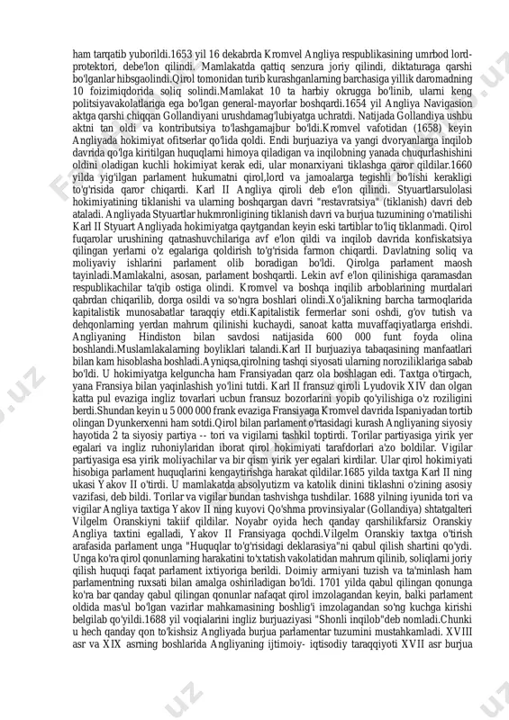 rxiyepiskopi lod, hukmron ingliz cherkoviga qarshi bo'lganlarni ta'qib qilish uchun "oliy komissiya" deb nomlangan cherkov sudini boshqardi. lod shafqatsiz ravishda dahriylar, puritanlar va lyuteranlarga qarshi kurashdi.qirol xazinasini to'ldirish uchun hukumat 1635 yilda "kema solig’i”ni yig'ishga kirishdi.bu soliq o'tmishda normanlarning talonchiliklariga qarshi kurashish uchun aholidan yig'ilgan soliq bo'lib, uning qaytadan joriy qilinishi umumiy norozilikka sabab bo'ldi.inqilobning boshlanishi va fuqarolar urushi1637 yilda shotlandiyada xalq qozg'oloni ko'tarildi. qo'zg'olonni karl i ning ingliz absolyutizmi tartiblarini joriy qilish, shotlandiyaga ingliz cherkovini kiritish va shotlandiya parlamenti huquqlarini cheklashga bo'lgan urinishi keltirib chiqardi. shotlandiya katta harbiy kuchga ega edi.shotlandiyaliklar angliyaning shimoliy qismini egallab oldilar. karl i ning ularga qarshi kurashish uchun na armiyasi va na mablag'i bor edi. shuning uchun uparlamentni chaqirishga majbur bo'ldi. 1640 yilning aprelida 11 yillik tanaffusdan so'ng yana parlment chaqirildi. ammo bu parlament shotland isyonchilariga qarshi kurashish uchun qirolga pul bermadi va yana huquqlar to'g'risidagi iltimosnomada keltirilgan talablarni bajarilishini rad etdi. karl i …