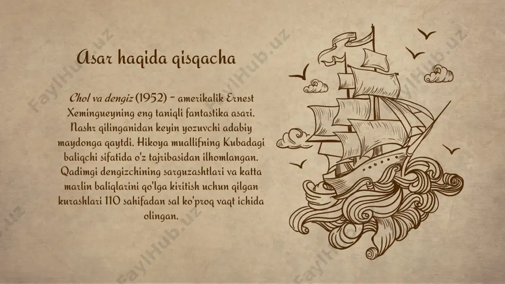 gapiradi, baholaydi, eslaydi. doimiy. shu jumladan baliq - ham tirik, ham o'lik. asosiy maqsad ushbu asarda yozuvchi - bizning dunyomiz qanday ishlashini ko'rsatish, unda baliqchi baliqchi bo'lib tug'iladi va baliq baliqdir. ular bir-biriga dushman emas, do‘st, lekin baliqchining hayotining mazmuni baliq o‘ldirishda, boshqa yo‘l yo‘q. keksa odam har safar dengiz aholisiga duch kelganida, u o'zini xudoning har bir ijodini sevadigan, ularga achinadigan va hurmat qiladigan shaxs sifatida namoyon qiladi. u o‘ziga ovqat topishga qiynalayotgan qushlar haqida qayg‘uradi, dengiz cho‘chqalarining sevgi o‘yinlaridan zavqlanadi, uning aybi bilan sevgilisidan ayrilgan marlinga hamdardlik bildiradi. chol katta baliqqa chuqur hurmat tuyg‘usi bilan munosabatda bo‘ladi. u uni hal qiluvchi jangda g'alaba qozona oladigan munosib raqib sifatida tan oladi. santyago qayig‘ining yelkanlari eski va qobiliyatsiz, qahramonning o‘zi esa hayotdan charchagan, quvnoq ko‘zlari bor chol. taslim bo'lmagan odamning ko'zi bilan. bu hikoyaning falsafiy ramzidir. o‘quvchi cholning baliq bilan qanday urishayotganini kuzatsa, qahramonning harakatlari va so‘zlarida ko‘radi.insonning abadiy kurashining …