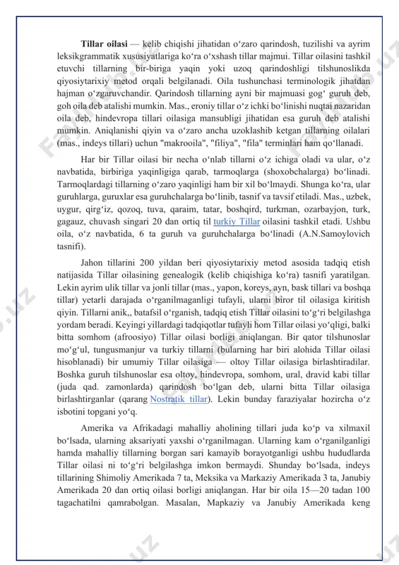 n. bir qator tilshunoslar moʻgʻul, tungusmanjur va turkiy tillarni (bularning har biri alohida tillar oilasi hisoblanadi) bir umumiy tillar oilasiga — oltoy tillar oilasiga birlashtiradilar. boshka guruh tilshunoslar esa oltoy, hindevropa, somhom, ural, dravid kabi tillar (juda qad. zamonlarda) qarindosh boʻlgan deb, ularni bitta tillar oilasiga birlashtirganlar (qarang nostratik tillar). lekin bunday faraziyalar hozircha oʻz isbotini topgani yoʻq. amerika va afrikadagi mahalliy aholining tillari juda koʻp va xilmaxil boʻlsada, ularning aksariyati yaxshi oʻrganilmagan. ularning kam oʻrganilganligi hamda mahalliy tillarning borgan sari kamayib borayotganligi ushbu hududlarda tillar oilasi ni toʻgʻri belgilashga imkon bermaydi. shunday boʻlsada, indeys tillarining shimoliy amerikada 7 ta, meksika va markaziy amerikada 3 ta, janubiy amerikada 20 dan ortiq oilasi borligi aniqlangan. har bir oila 15—20 tadan 100 tagachatilni qamrabolgan. masalan, mapkaziy va janubiy amerikada keng tarqalgan chibcha tillar oilasi, oʻz navbatida, 20 guruhga boʻlinadi va jami 70 ga yaqin tilni qamrab oladi. hozirgi jahonda tillarning umumiy soni …