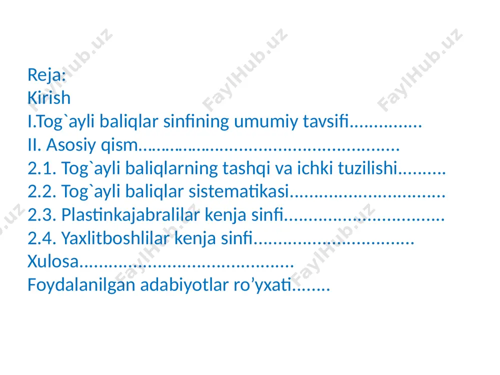 liqlar suv biotsenozida yashovchi hayvonlarning yetakchi guruhi hisoblanadi va kimmatbaxr gusht va yog byeruvchi oziq-ovqat ob'ekti sifatida bularning ahamiyati juda katta. odatda, baliqlar katta sinfi ikkita sinfga bo`linadi: tog`ayli baliqlar sinfi — chondrichtyes; suyakli baliqlar sinfi — osteichtyes tog`ayli baliqlar hozirgi baliqlar ichida eng qadimgisi hisoblanadi. asosan, dengiz va okean suvlarida tarqalgan bo`lib, 600 tur baliqni o`z ichiga oladi. bularda sodda tuzilgan belgilari bilan bir qatorda yuksak belgilar ham namoyon bo`ladi. skleti faqat tog`aydan tashkil topgan, ba'zilarida ohak tuzlari tuplanishi mumkin, lekin hech kachon suyak bo`lmaydi. yelka kamari bosh qismining ostidan va yon tomonidan o`rab turgan yaxlit tog`ay yoydan iborat. terisi eng sodda plakoid tangachalar bilan qoplangan, ba'zan tangacha bo`lmasligi mumkin. jabra yeriklari 5-7 juft bo`ladi va to`g`rridan-to`g`rri tashqariga ochiladi. juft (ko`krak va qorin) suzgich qanotlari tanaga gorizontal xorda joylashgan. havo pufakchalari yo’q- kloakasi bo`ladi. dum suzgich qanoti teng bo`lmagan pallali-getyerotsyerkal tipda bo`ladi. yuksak (progressiv) belgilariga oldingi miya qopqog`ida nerv …