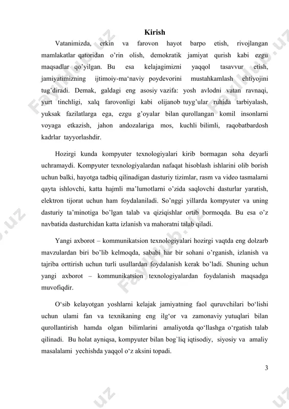 93-yil 7-may va 2003-yil 11-dekabrdagi “axbarotlashtirish to’g’risida”gi qonun,2002-yil 30-maydagi “kompyuterlashtirish va axbarot komunikatsiya texnologiyalarini qo’llashni yanada rivojlantirish” haqidagi qaror, 2003-yil 11-dekabrdagi “elektron raqamli imzo haqida” gi qonun va 2004-yil 29-apreldagi “elektron hujjat yuritish” haqidagi qonun, o‘zbekiston respublikasi prezidentining “mobil aloqa milliy operatori faoliyatini tashkiletish chora-tadbirlari to‘g‘risida”gi qarori 12.02.2014 y, o‘zbekistonrespublikasi prezidentining “o‘zbekiston respublikasi aloqa, axborotlashtirishva telekommunikatsiya texnologiyalari davlat qo‘mitasining yangilangan tuzilmasini tasdiqlash to‘g‘risida”gi qarori 30.10.2013 y, hyperlink "http://www.lex.uz/pages/getact.aspx?lact_id=1133027&search_text=" o‘zbekiston respublikasi prezidentining “o‘zbekiston respublikasi telekommunikatsiyalar tarmoqlarini boshqarish tizimini takomillashtirishga oid qo‘shimcha chora- hyperlink "http://www.lex.uz/pages/getact.aspx?lact_id=1133027&search_text=" tadbirlar to‘g‘risida”gi qarori hyperlink "http://lex.uz/pages/getact.aspx?lact_id=1645743" , o‘zbekiston respublikasi prezidentining “milliy axborot-kommunikatsiya tizimlarining kompyuter xavfsizligini ta’minlash borasidagi qo‘shimcha chora-tadbirlar to‘g‘risida”gi qarori hyperlink "http://www.lex.uz/pages/getact.aspx?lact_id=636453&search_text=" ,o‘zbekiston respublikasi prezidentining “axborot-kommunikatsiya texnologiyalarini yanada rivojlantirishga oid qo‘shimcha chora-tadbirlar to‘g‘risida”gi qarori hyperlink "http://www.lex.uz/pages/getact.aspx?lact_id=610974&search_text=" ,o‘zbekiston respublikasi prezidentining “axborot texnologiyalari sohasida kadrlar tayyorlash tizimini takomillashtirish to‘g‘risida”gi qarori, o‘zbekiston respublikasi prezidentining “o‘zbekiston respublikasining jamoat ta’lim axborot tarmog‘ini tashkil etish to‘g‘risida”gi qarori, o‘zbekiston respublikasi prezidentining “kompyuter- lashtirishni yanada …