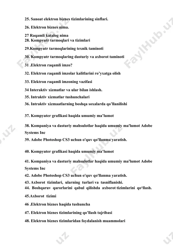 mot adobe systems inc 42. adobe photoshop cs3 uchun o'quv qo'llanma yaratish. 43. axborot tizimlari, ularning turlari va tasniflanishi. 44. boshqaruv qarorlarini qabul qilishda axborot tizimlarini qo‘llash. 45.axborot tizimi 46 .elektron biznes haqida tushuncha 47. elektron biznes tizimlarining qo’llash tajribasi 48. elektron biznes tizimlaridan foydalanish muammolari 49. axborot texnologiyasining asosiy tavsifi. 50.axborot texnologiyasining asosiy elementlari. 51.axborot texnologiyalari taraqqiy etishining asosiy bosqichlari va rivojlanish tendensiyasi. 52.axborot texnologiyalari haqida tushuncha 53.axborot texnologiyalarining jamiyat taraqiyotidagi roli 54.axborotni o`lchash va tasvirlash 55. miliy iqtisodiyotda tarmoqlarning o’rni 56 tarmoqlararo balansning umumiy tuzilishi. 57. balans modellaridagi matematik bog`lanishlar milliy iqtisodiyotda tarmoqlarning o`rni. 58.zamonaviy axborot texnologiyalari va vositalari. kompyuterlar , aloqa va hisoblash qurilmalari, telifakslar,teletayplar. 59.matnni qayta ishlash texnologiyasi va uning dasturiy vositalari. hujjatlarni qayta ishlash, axborotlashtirish texnologiyalari. 60. ma’lumotlar bazasi va banki haqida ma’lumotlar. mb ning tarkibiy qismi, ma’lumotlarni avtomatlashtirilgan banki. 61.axborot texnologiyalari tushunchasi. 62. zamonaviy axborot texnologiyalari va ularning turlari. 63. zamonaviy axborot texnologiyalarining texnik …