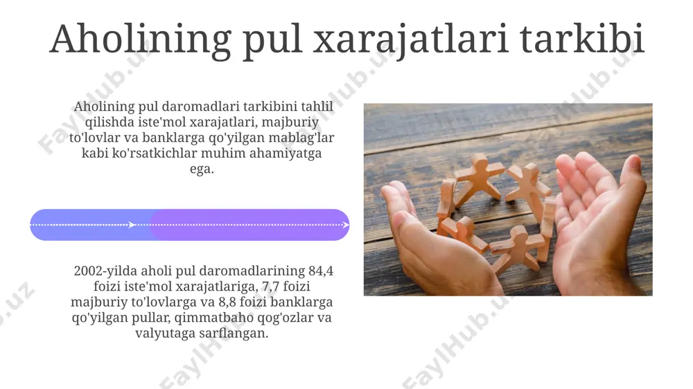 olishi, bilim olishi, sog'lig'ini saqlashi imkoniyatlarini aniqlaydi. ish haqidan tashqari iste'mol bozorining tovarlar bilan to'yinganligi ham muhim rol o'ynaydi. aholi natural daromadlari natural daromadlarning tarkibiy tuzilishi turlicha boʻlib, qishloq xoʻjaligi mahsulotlari, hunarmandchilik buyumlari, oʻz isteʼmoli uchun ishlab chiqarilgan mahsulotlarni oʻz ichiga oladi. aholi natural daromadlari, mehnat haqi hisobiga olinadigan va uy xoʻjaliklarining oʻz isteʼmollari uchun ishlab chiqargan mahsulotlaridan iborat boʻlib, pul daromadlari bilan birgalikda aholi umumiy daromadlarini tashkil qiladi. aholi turmush darajasi va uning ko'rsatkichlari aholi turmush darajasining bmt tomonidan tavsiya etilgan ko'rsatkichlari tizimi tug'ilish va o'lish darajasi, hayot kechirishning sanitariya-gigiena sharoitlari, oziq-ovqat iste'moli va boshqa ko'rsatkichlarni o'z ichiga oladi. o'zbekistonda 2004 yilda aholi jon boshiga to'g'ri keladigan yaim 1995 yilga nisbatan 42,2% ga o'sdi, bu esa real yaimning yuqori sur'atlarda o'sishi hisobiga ta'minlandi. aholi turmush darajasi nominal daromadlarni narxlar o'sishiga bog'liqlikda oshirish orqali aholi daromadlarini himoya qilish, inflyasiyaning ta'sirini kamaytirishga qaratilgan asosiy davlat siyosatlaridan biridir. aholining turmush darajasi bmt …